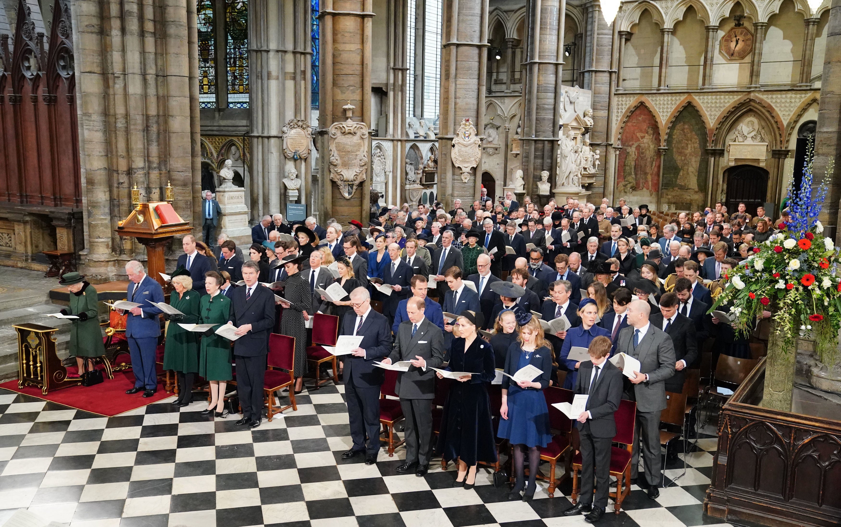 (Front row left to right) Queen Elizabeth II, the Prince of Wales and the Duchess of Cornwall, the Princess Royal, Vice Admiral Sir Tim Laurence, the Duke of York, The Earl of Wessex, the Countess of Wessex, Lady Louise Mountbatten-Windsor and Viscount Severn. (second row left to right) The Duke of Cambridge, Prince George, Princess Charlotte, the Duchess of Cambridge, Peter Phillips, Isla Phillips, Savannah Phillips, Mia Tindall, Zara Tindall and Mike Tindall during a Service of Thanksgiving for the life of the Duke of Edinburgh, at Westminster Abbey in London