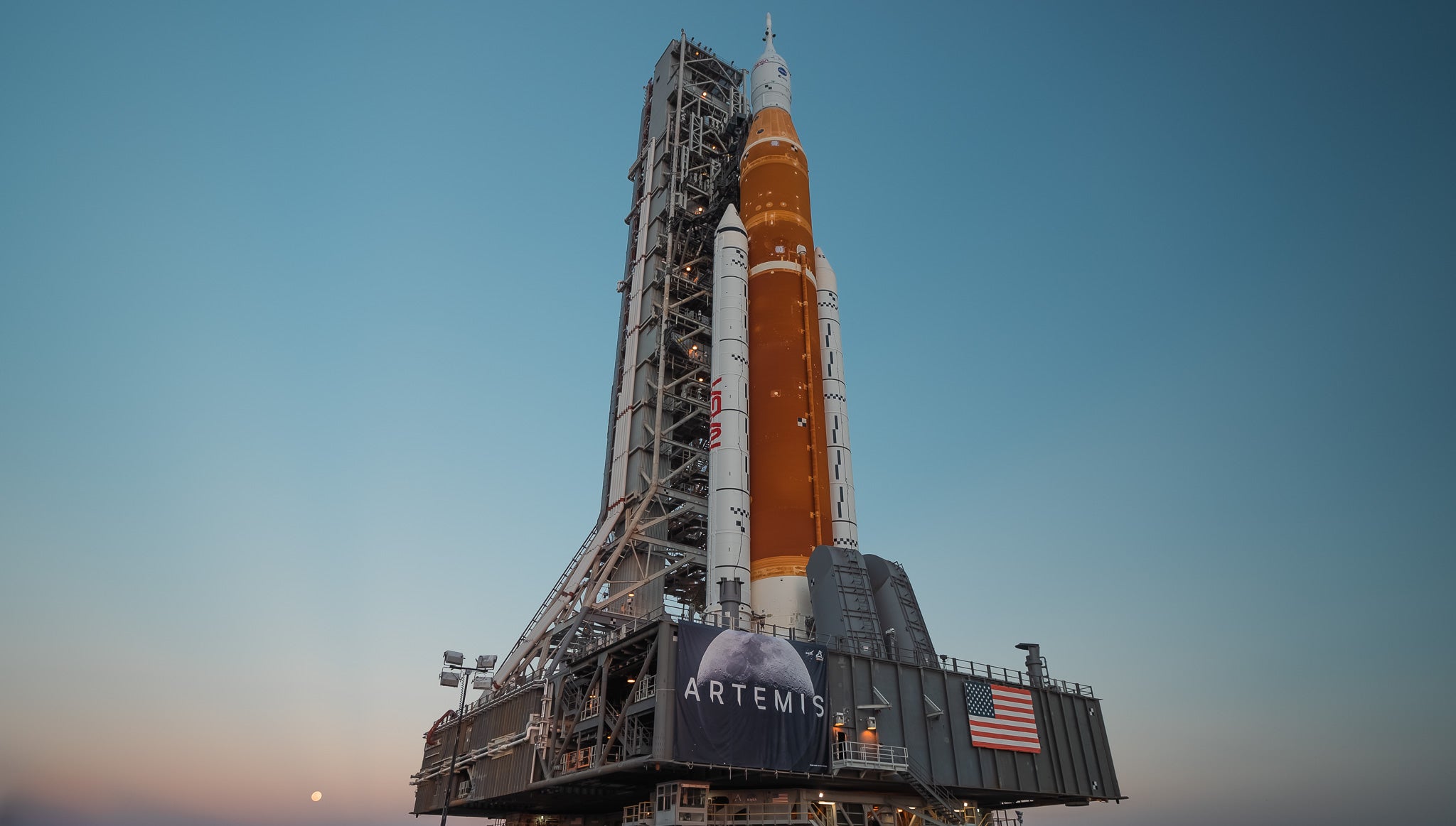 Nasa’s Space Launch System rocket and Orion spacecraft on the way to the launch pad at Kennedy Space Center in Florida