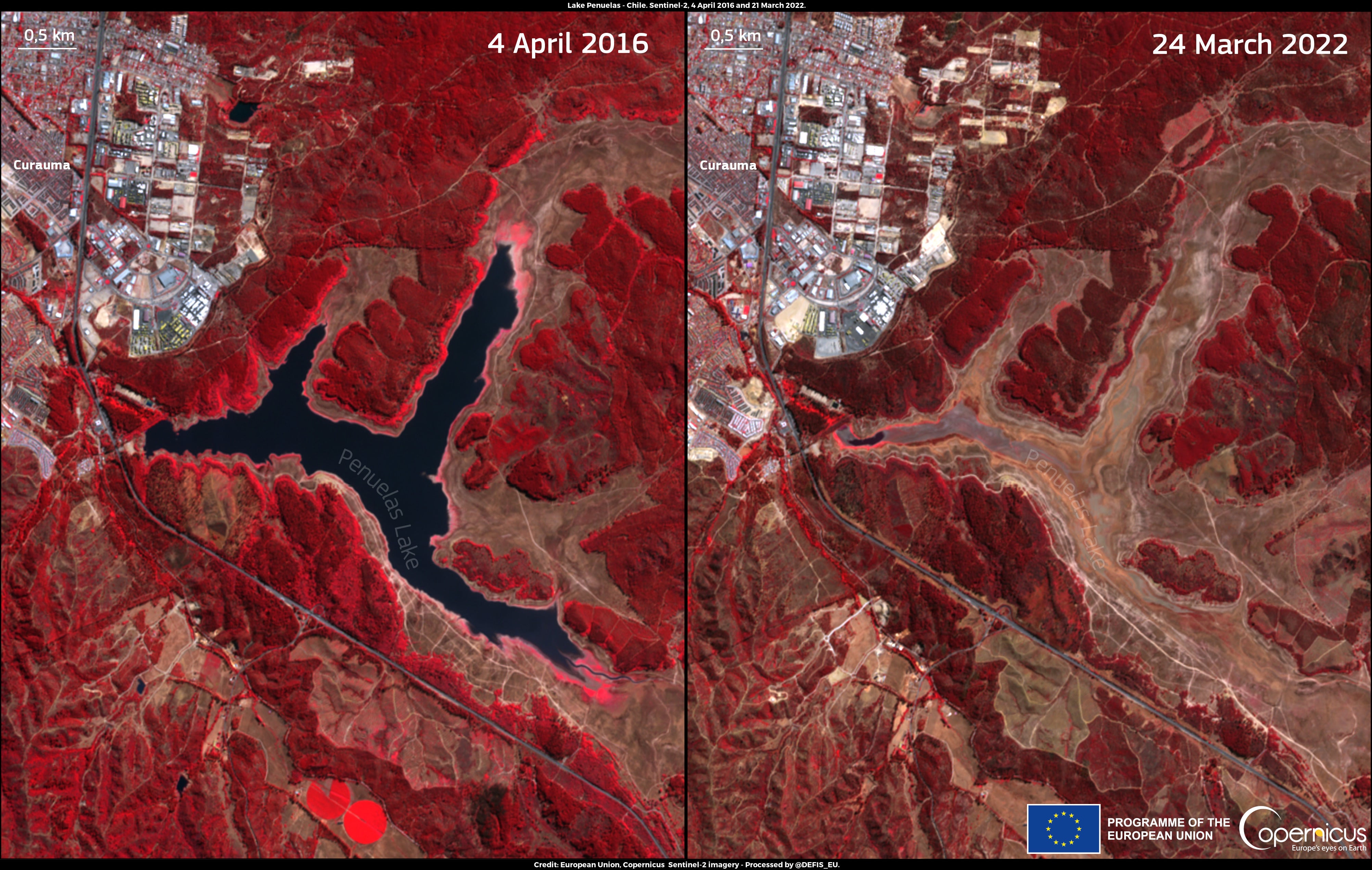 Lake Penuelas, Chile pictured in 2016 (left) and 2022, right