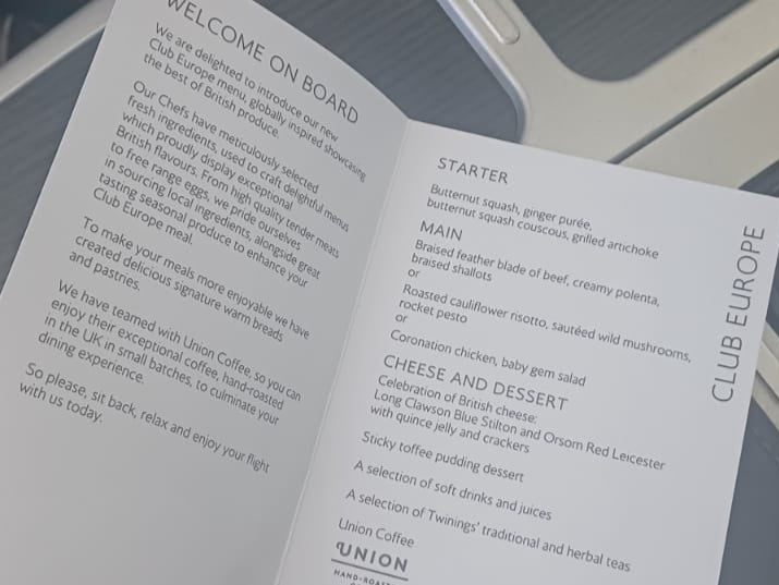 The new BA Club World menu aboard BA2702