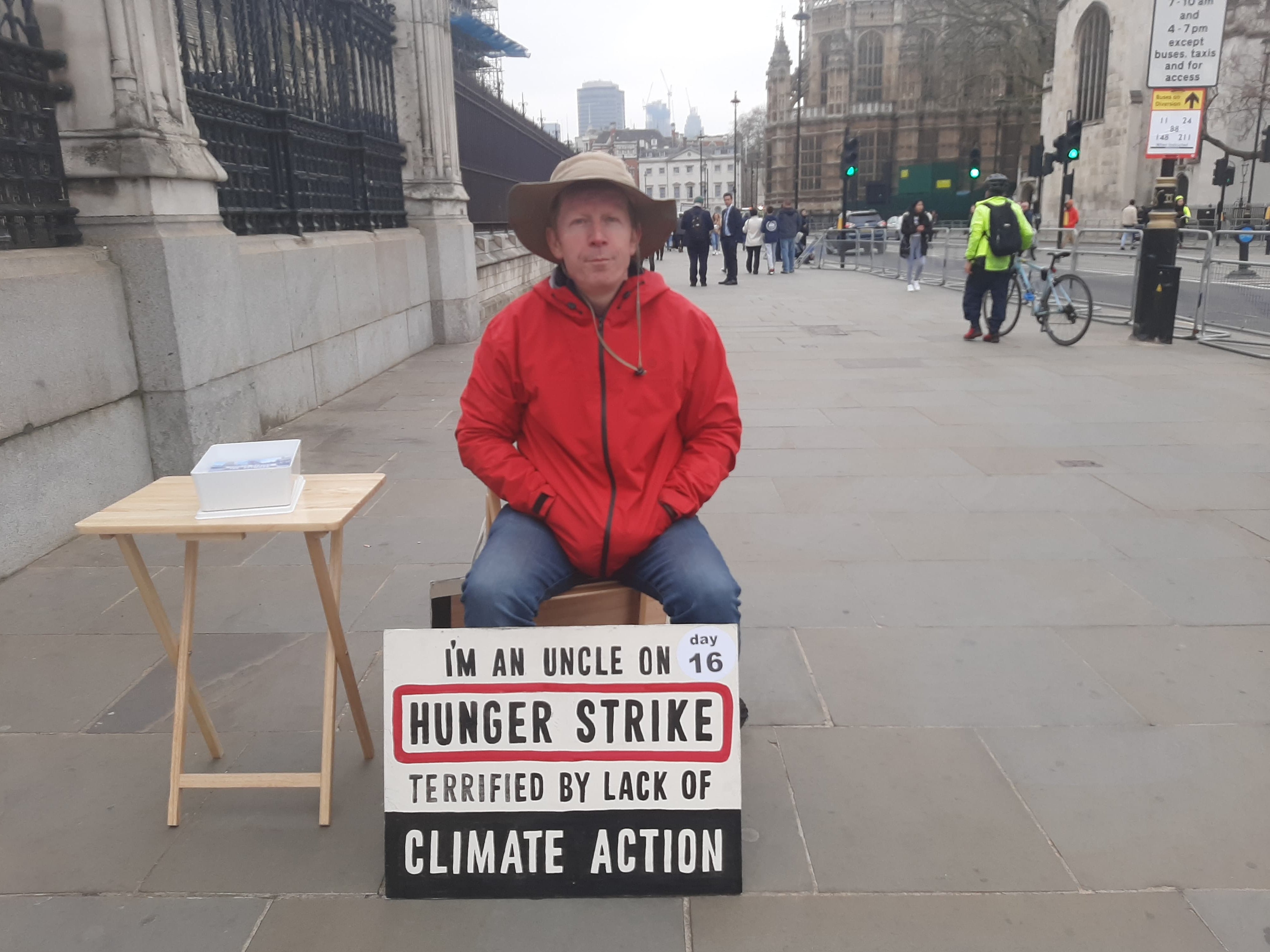 Angus Rose has been on hunger strike outside the UK parliament for 16 days