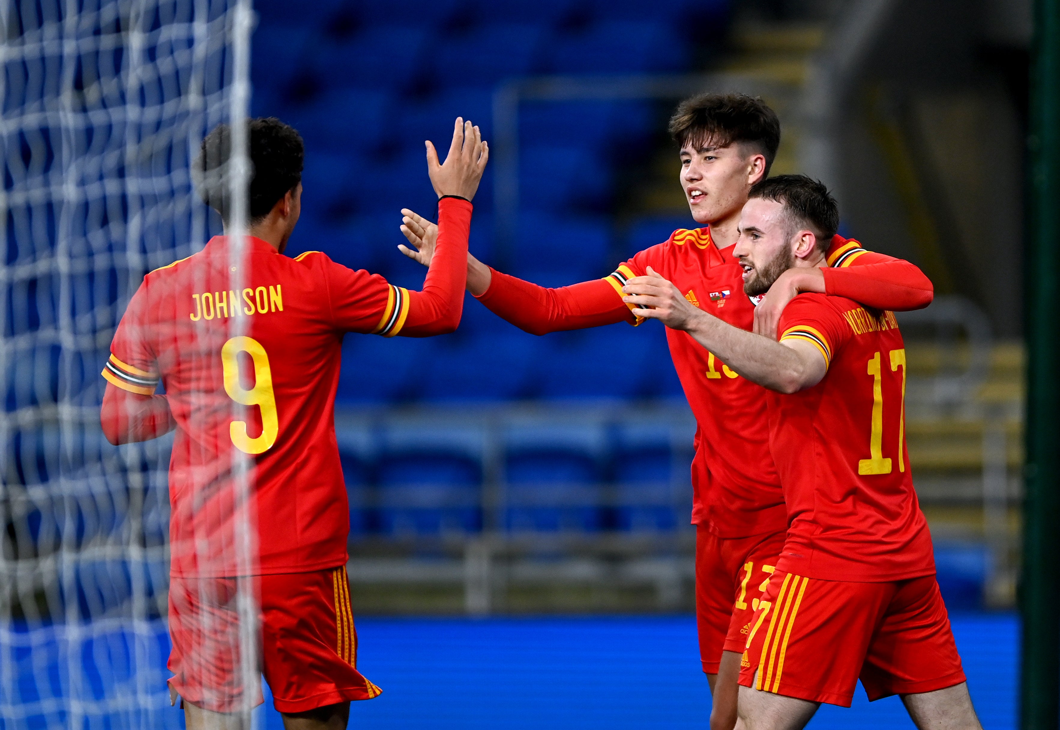 Rubin Colwill, centre, celebrates after equalising for Wales in their 1-1 friendly draw with the Czech Republic (Simon Galloway/PA)