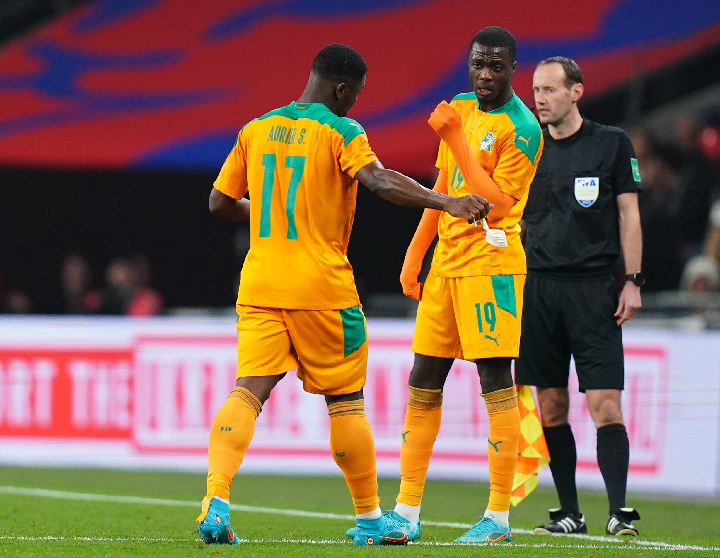 Serge Aurier (left) left the game after being shown a red card (Adam Davy/PA)