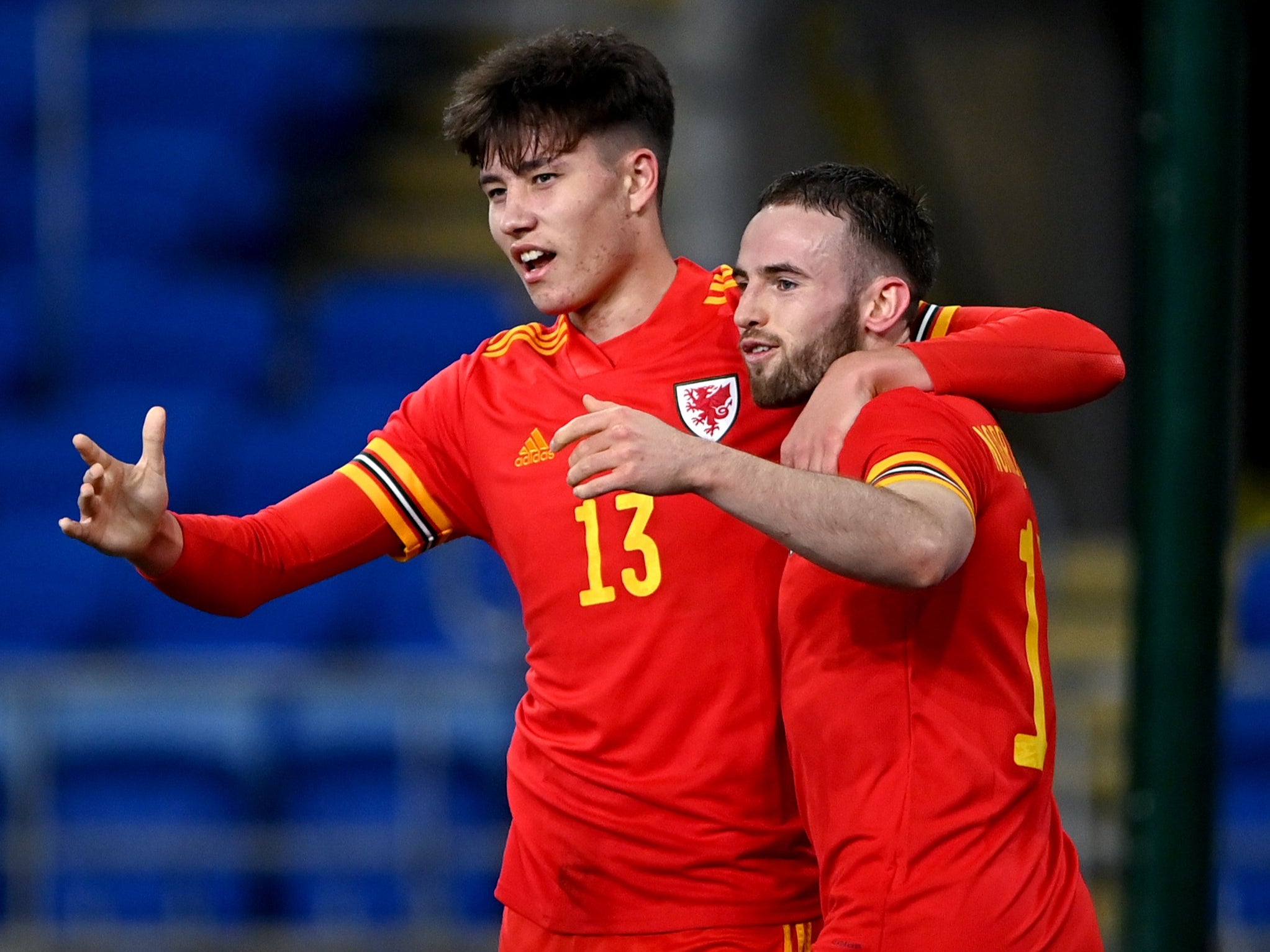 Rubin Colwill, left, celebrates scoring Wales’ equaliser in their 1-1 draw with the Czech Republic (Simon Galloway/PA)