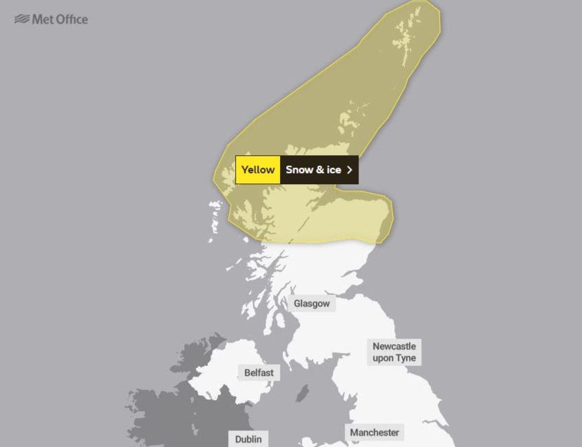 Yellow snow and ice warnings cover the north of Scotland on Wednesday, with up to 5cm of snowfall accumulating on higher ground