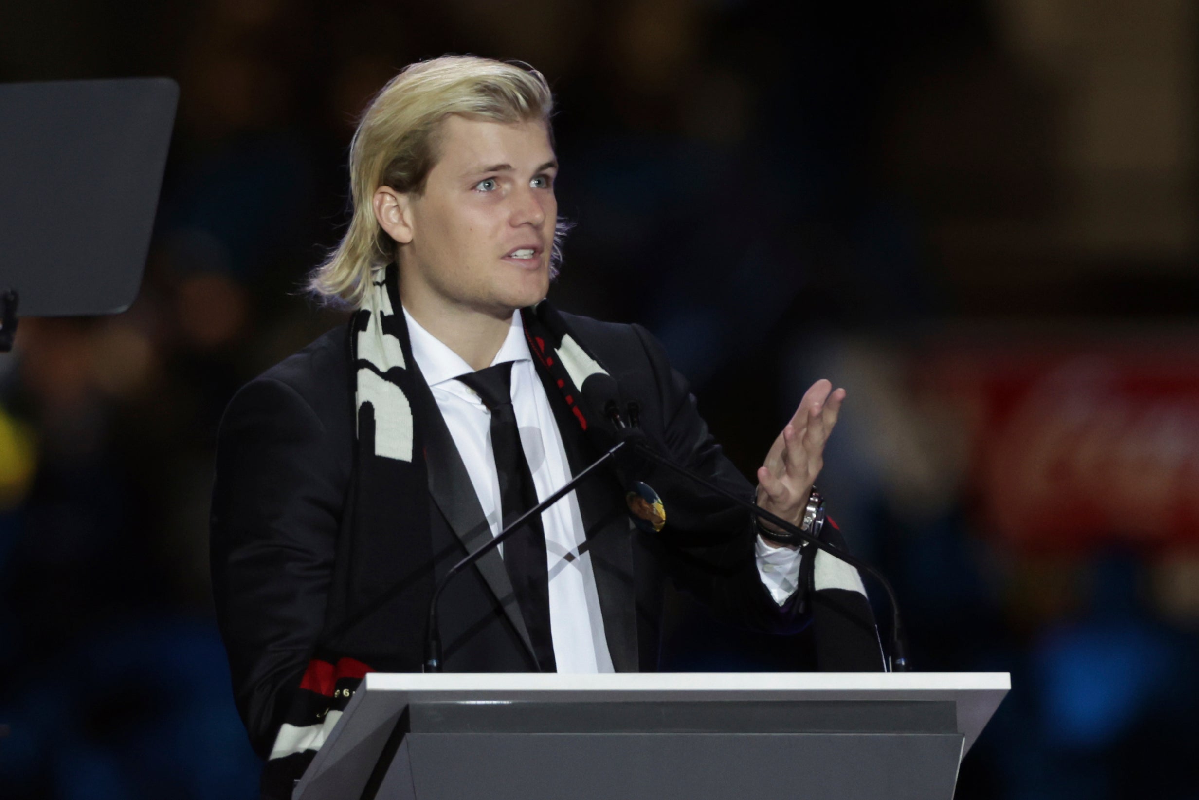 Jackson Warne, son of Shane Warne, speaks during a memorial service for Shane at the Melbourne Cricket Ground in Melbourne, Australia