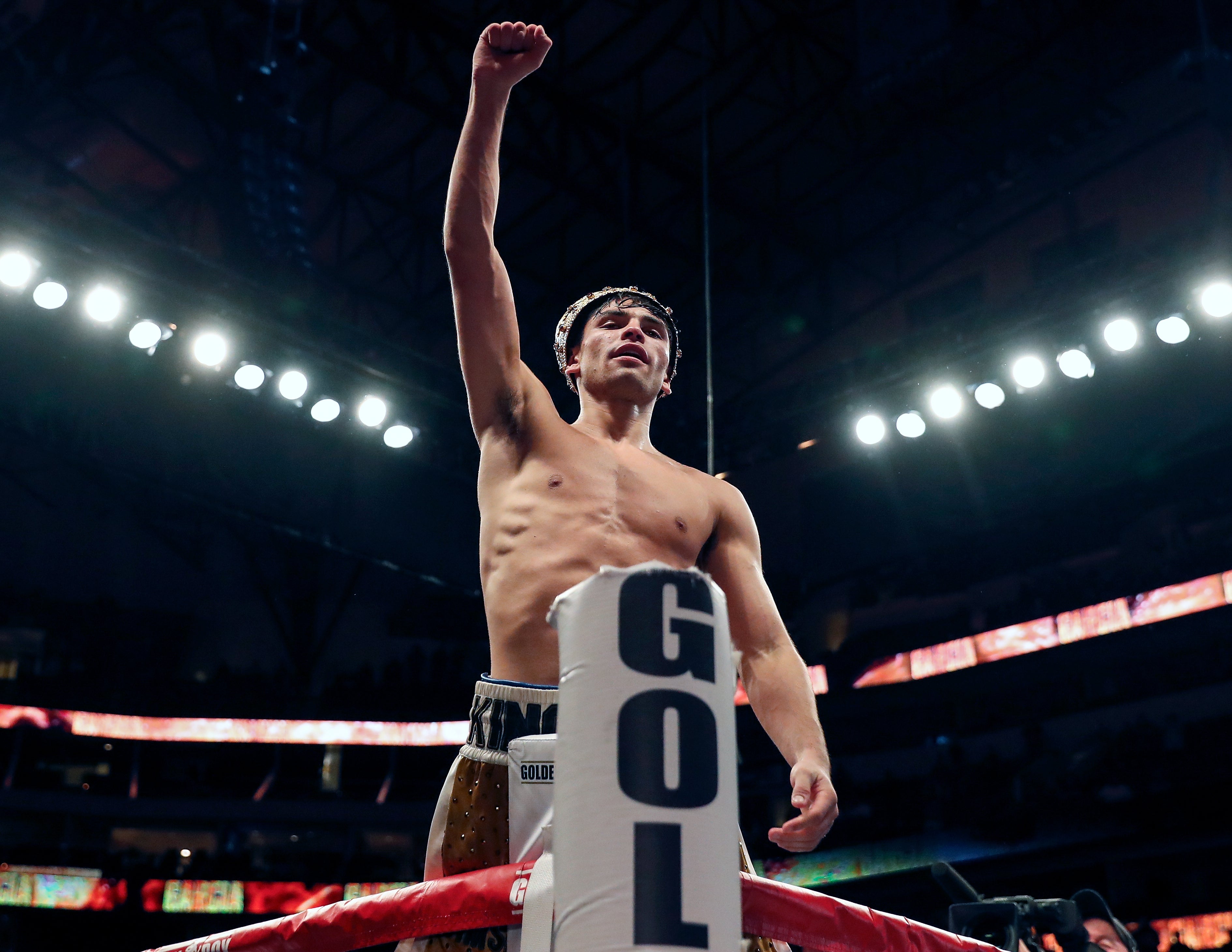 Ryan Garcia reacts after a knockout victory over Luke Campbell