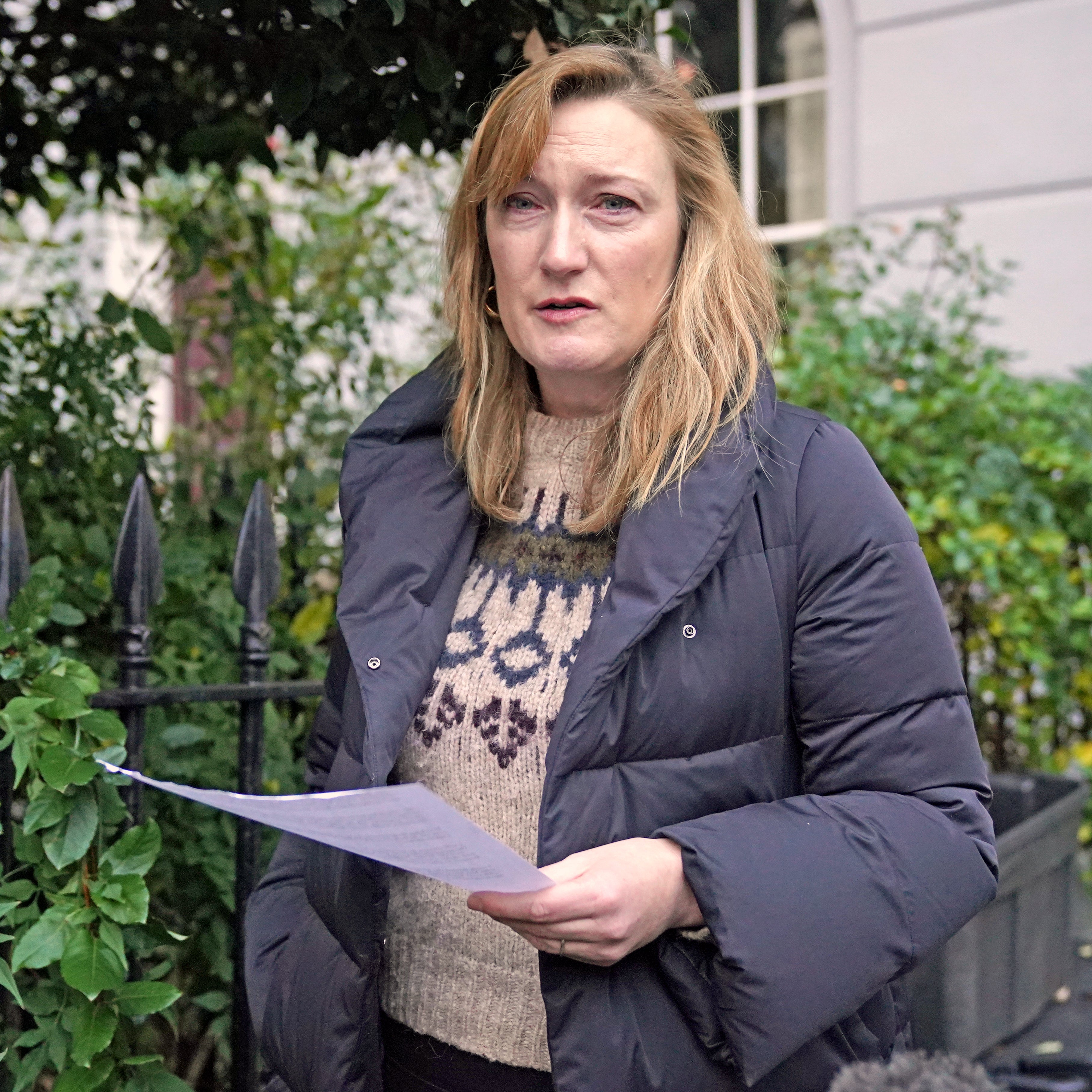 Allegra Stratton speaking outside her home in north London after footage emerged of her at a mock news conference apparently showing Downing Street aides joking about a Christmas party held during lockdown