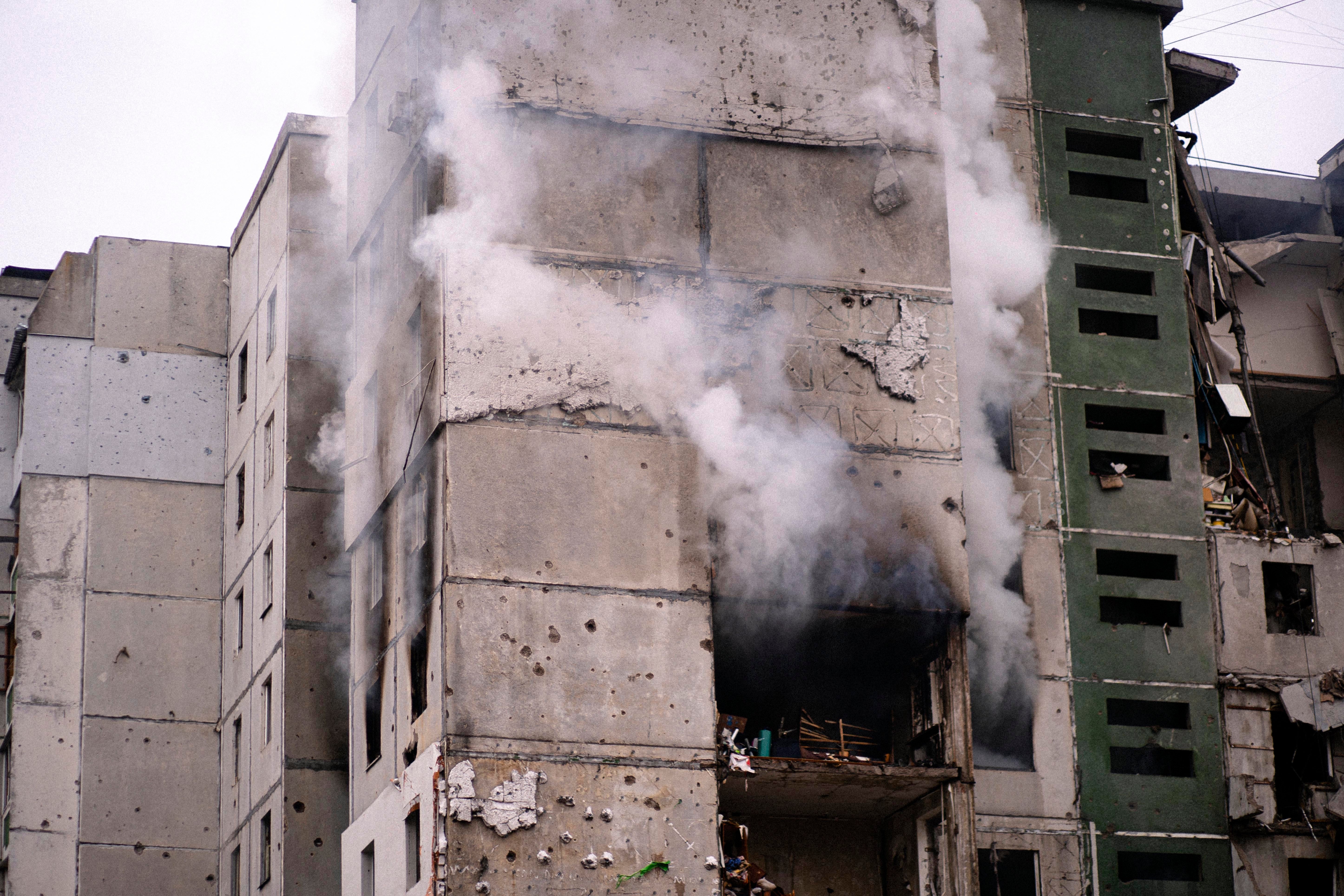 An apartment building hit by Russian fire in Chernihiv on 3 March