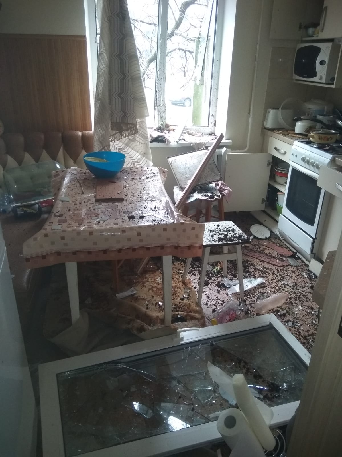 The kitchen of Yulia Zhdanova’s parents-in-law’s home following the strike that killed 47