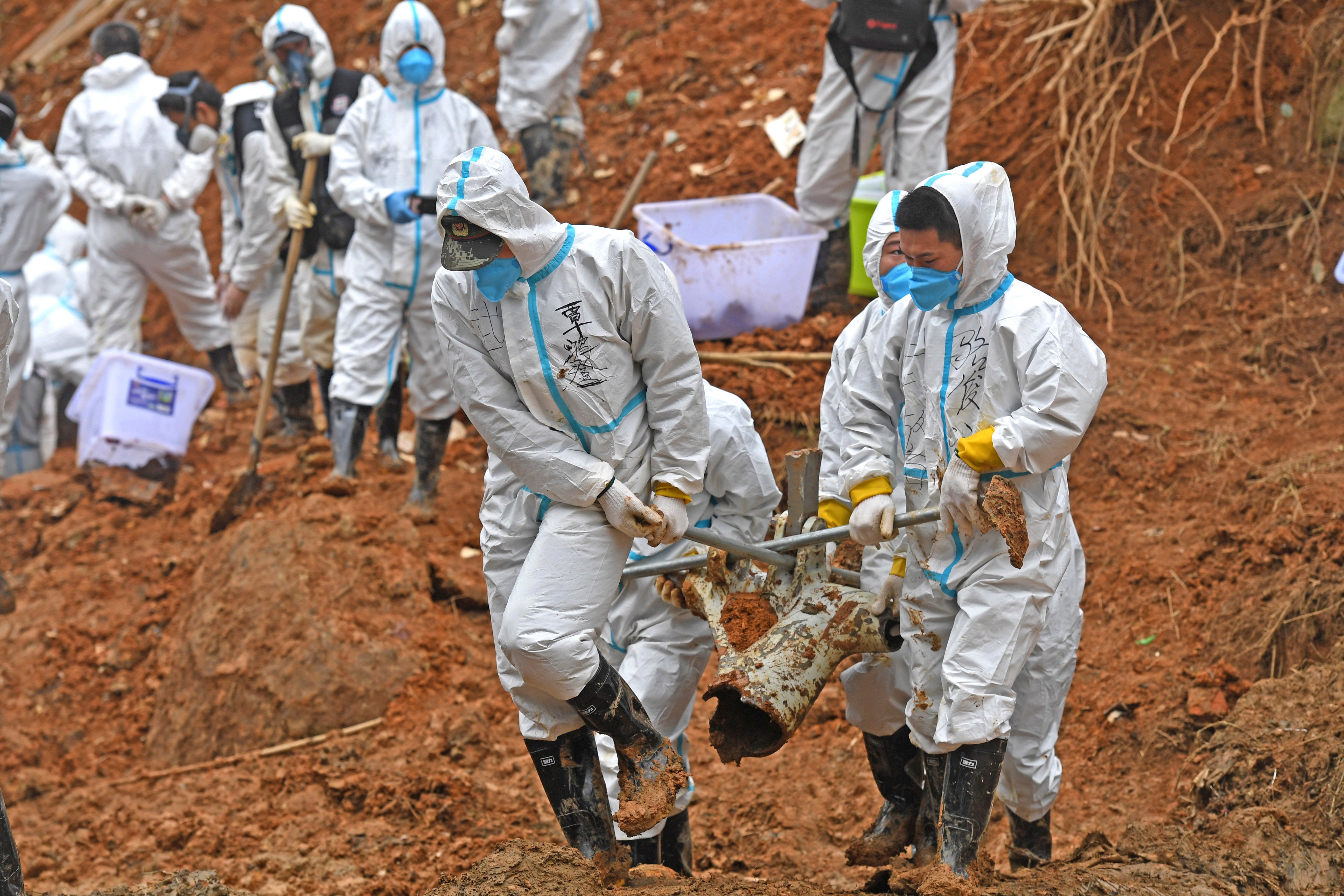 Rescuers are pictured carrying a piece of plane wreckage