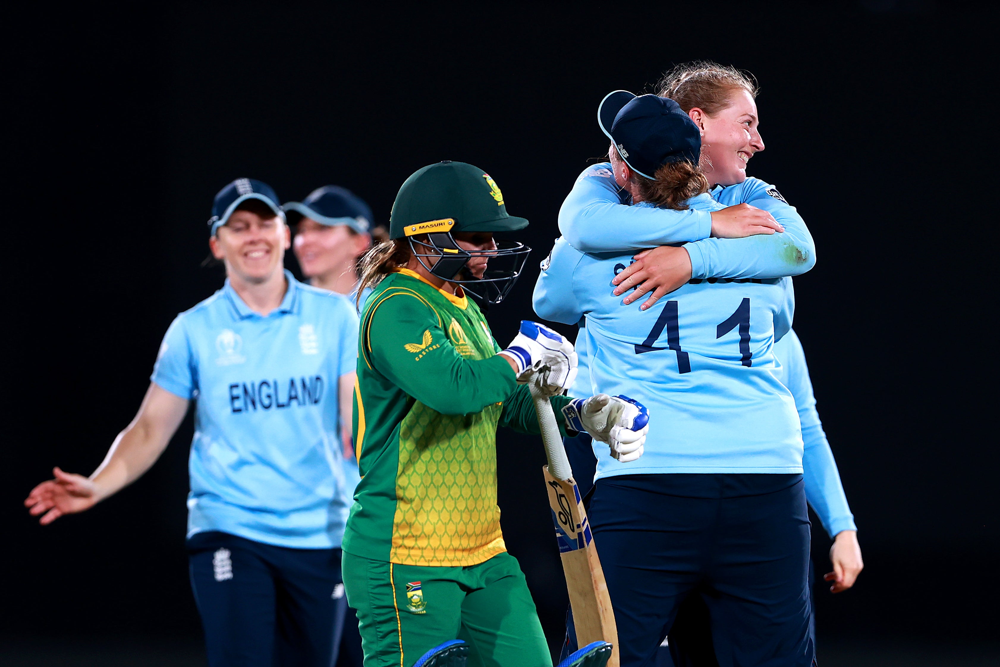 England celebrate after Sophie Ecclestone dismisses Mignon Du Preez