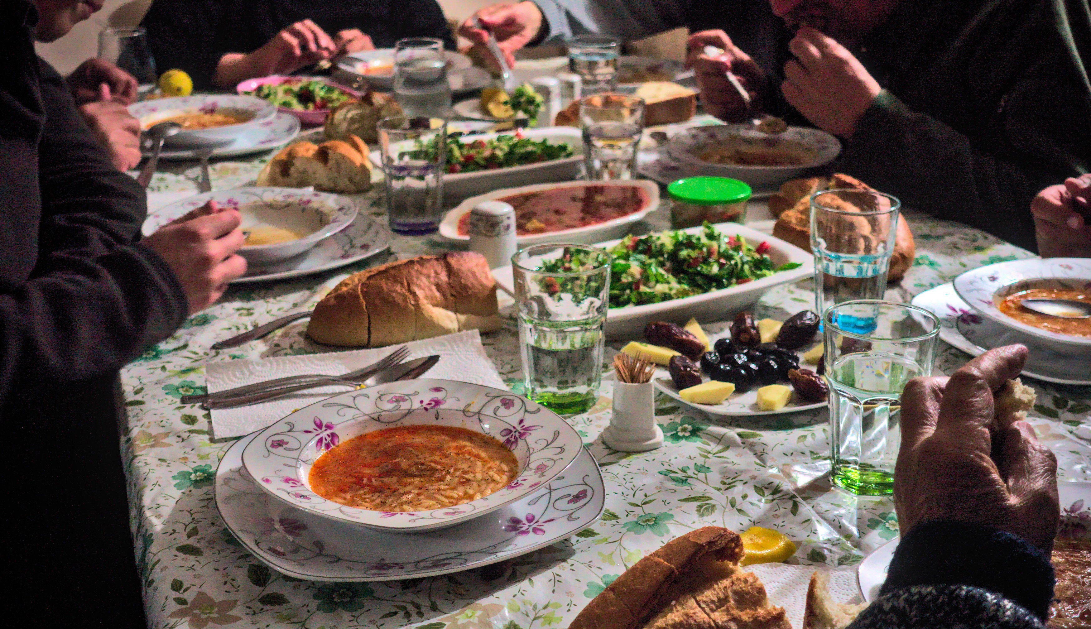 A dining table full of food