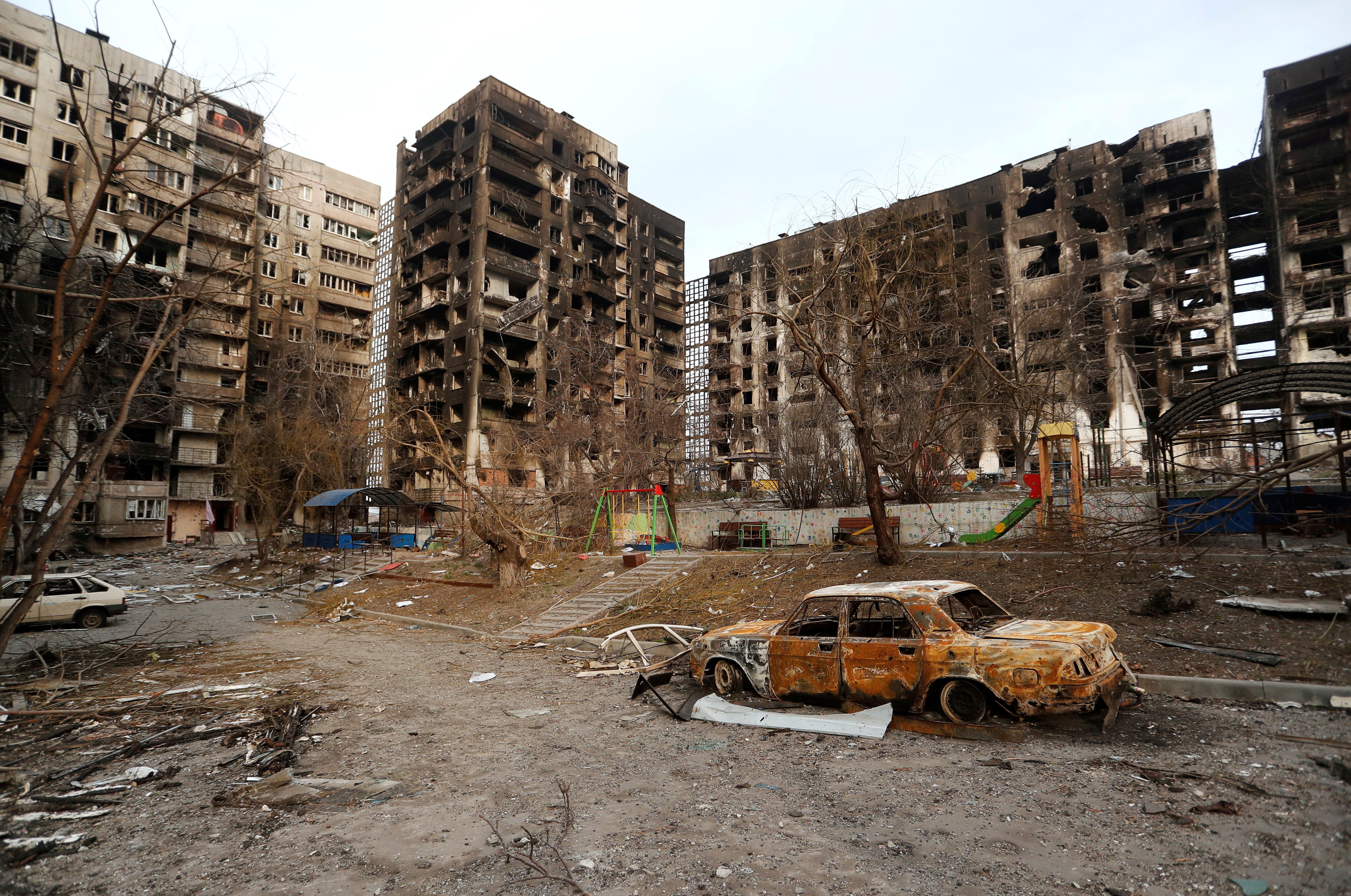 A view shows apartment buildings destroyed during Ukraine-Russia conflict in the besieged southern port city of Mariupol, Ukraine