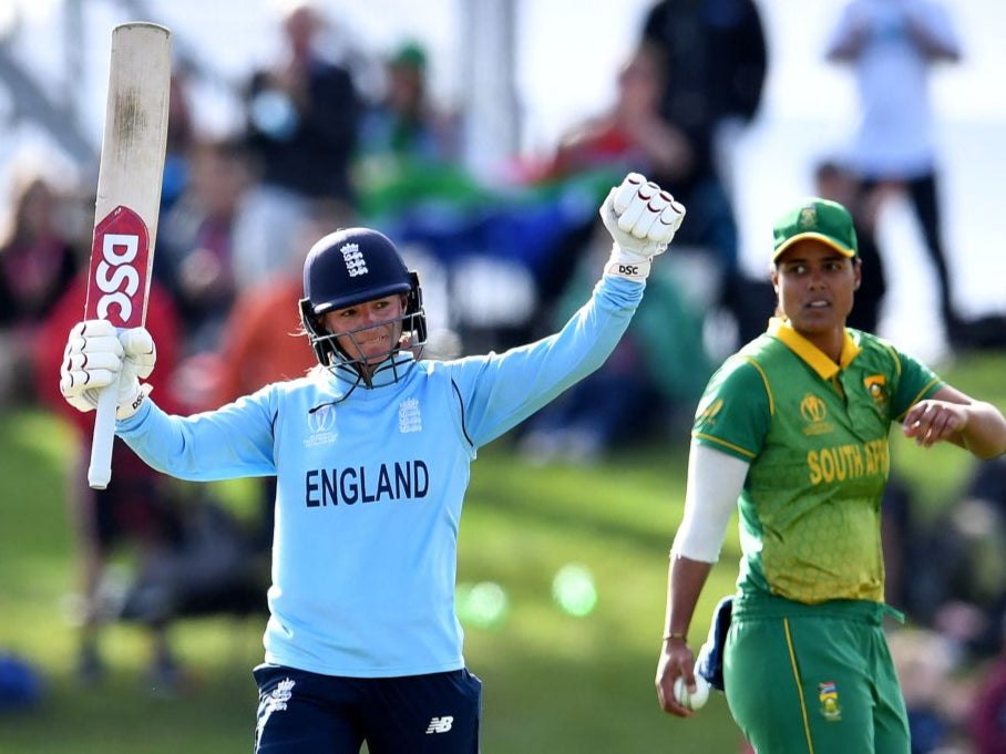 Danni Wyatt celebrates reaching her century against South Africa