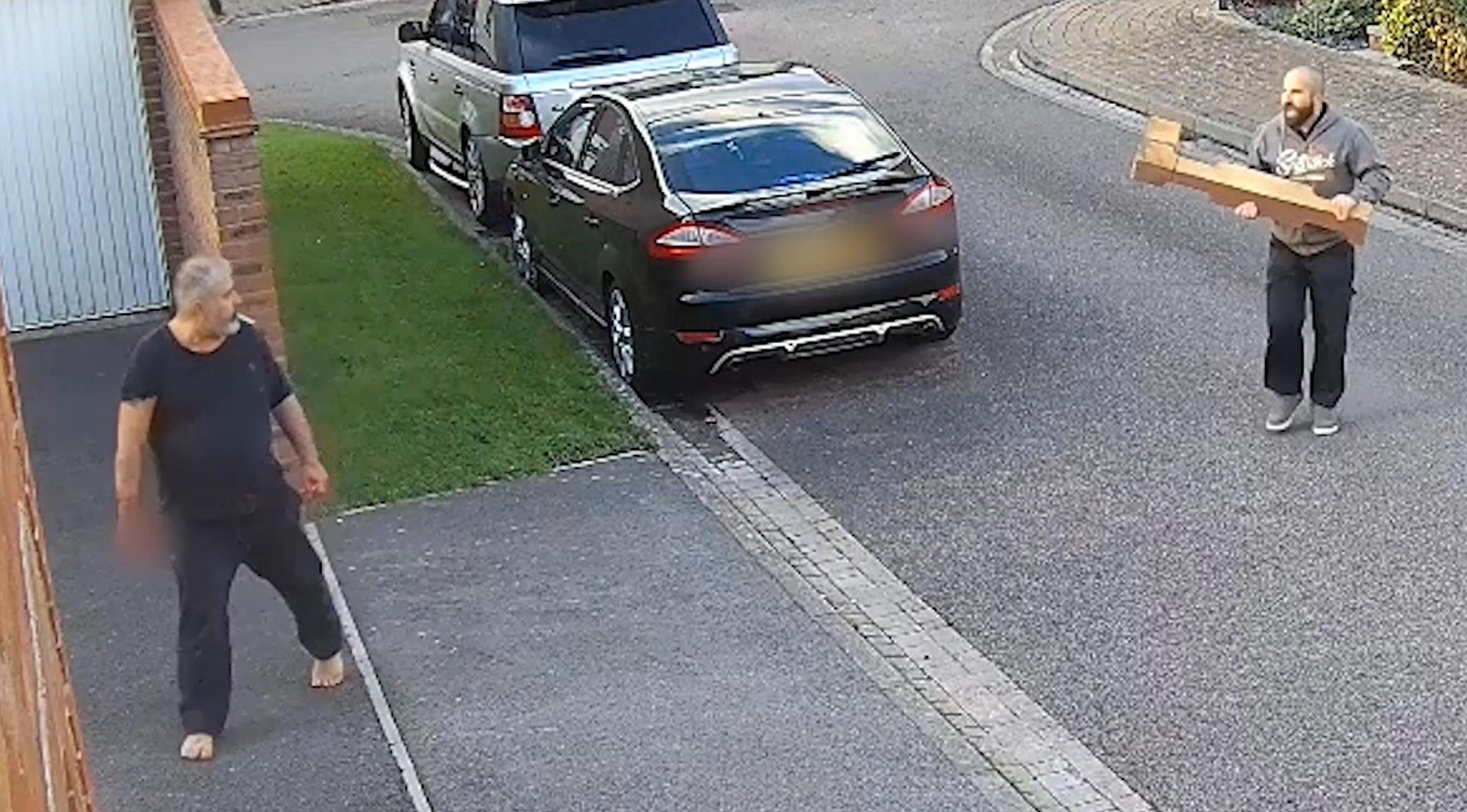 Arslan (left) going to the home of Peter Marsden in Walton Cardiff and being followed by off-duty officer, Sergeant Steve Wilkinson