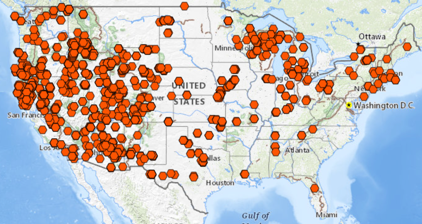 A US Geological Survey map of federally managed spots across the US that incorporate the word “squaw” - a slur against Native women - in their place names. Each of the place names will be changed.