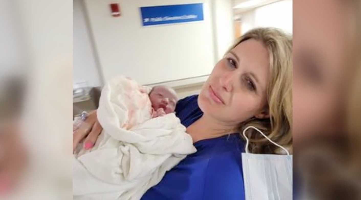 Lauren Banks and her son at hospital after delivering her baby in the parking lot of a gas station nearby.