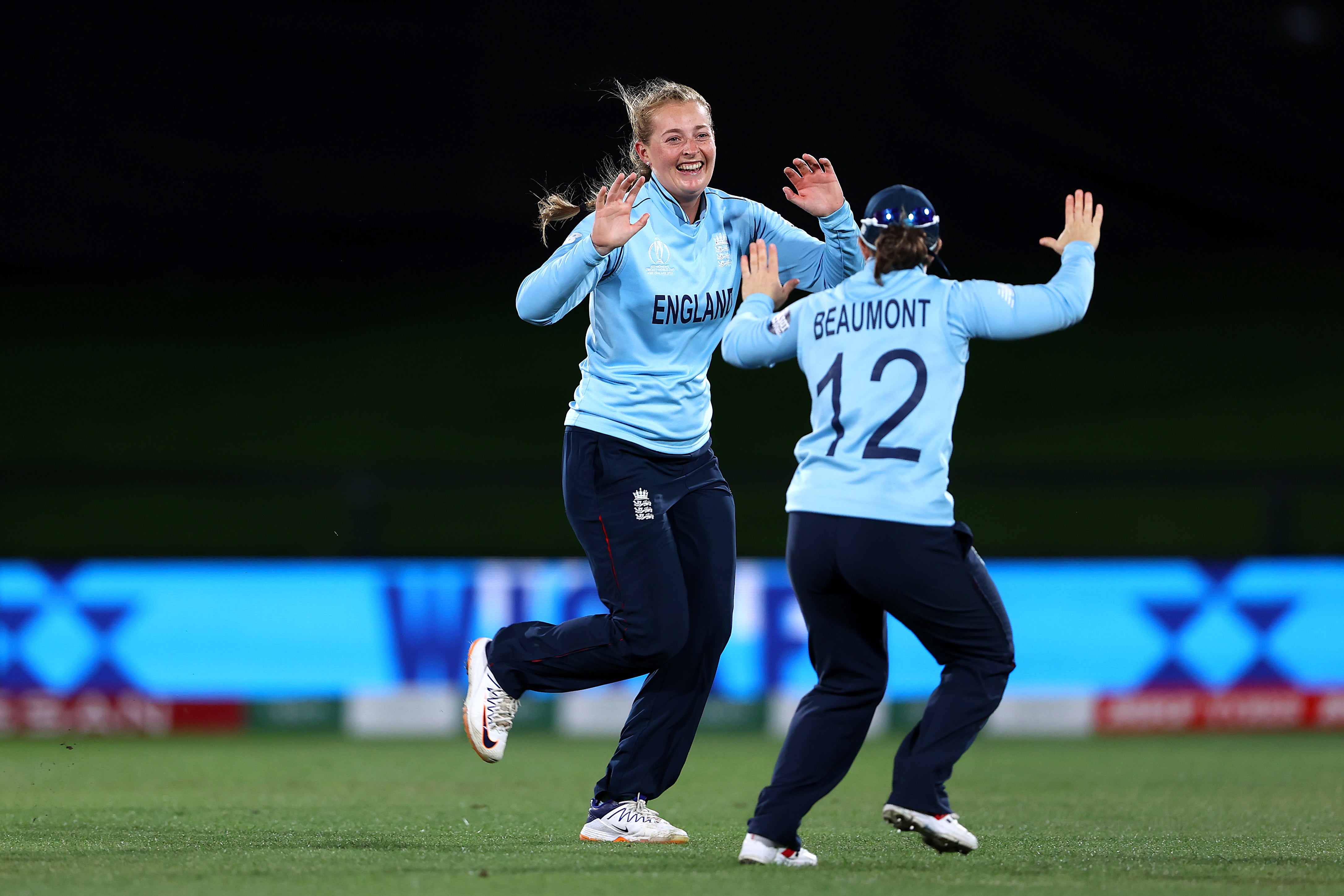 England’s Sophie Ecclestone and Tammy Beaumont celebrate