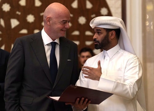 Fifa president Gianni Infantino (left) and tournament chief Hassan al-Thawadi in Doha for Friday’s World Cup draw