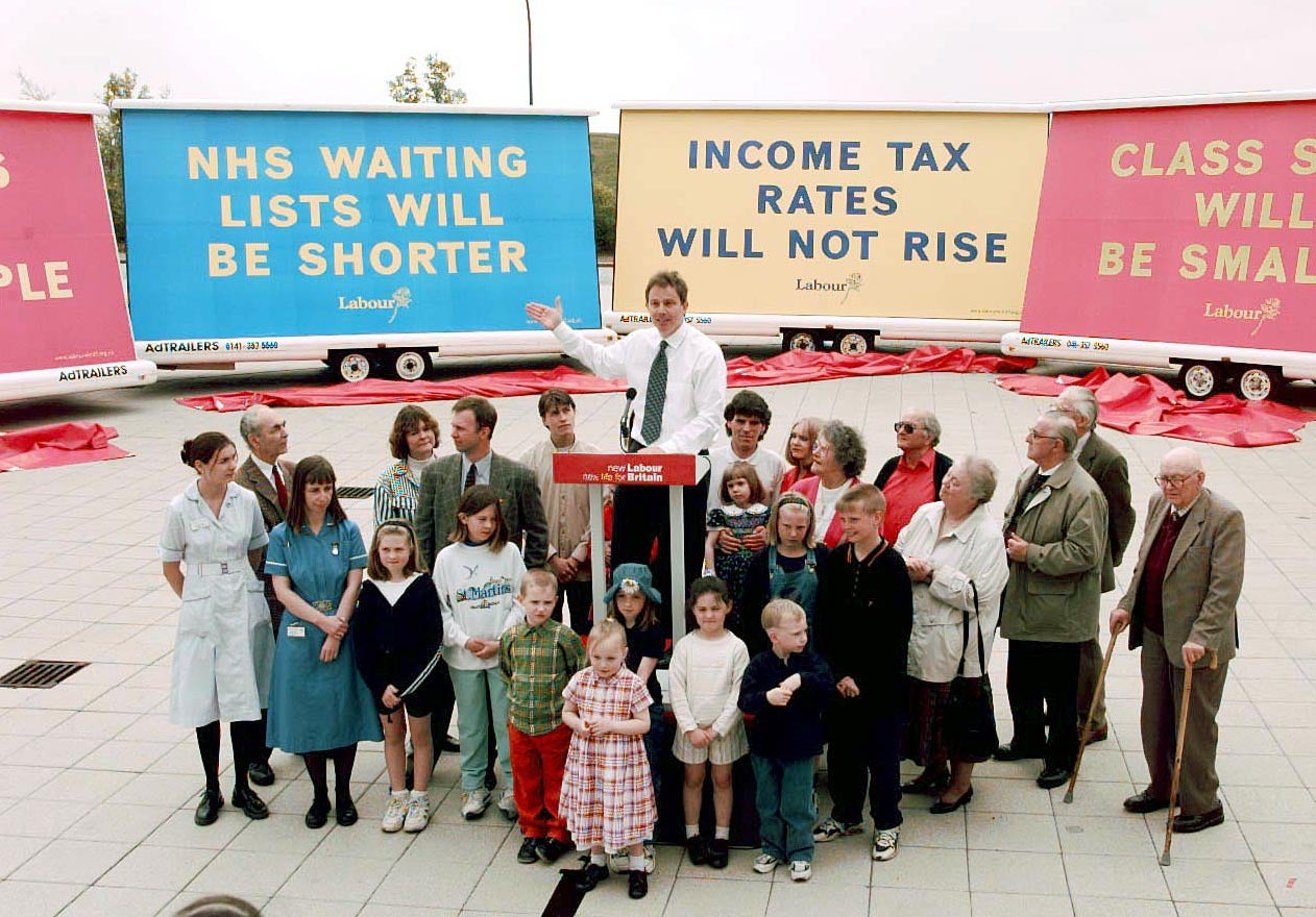 The then Labour leader Tony Blair launching the party’s latest election poster campaign at the Milton Keynes hockey centre in April 1997