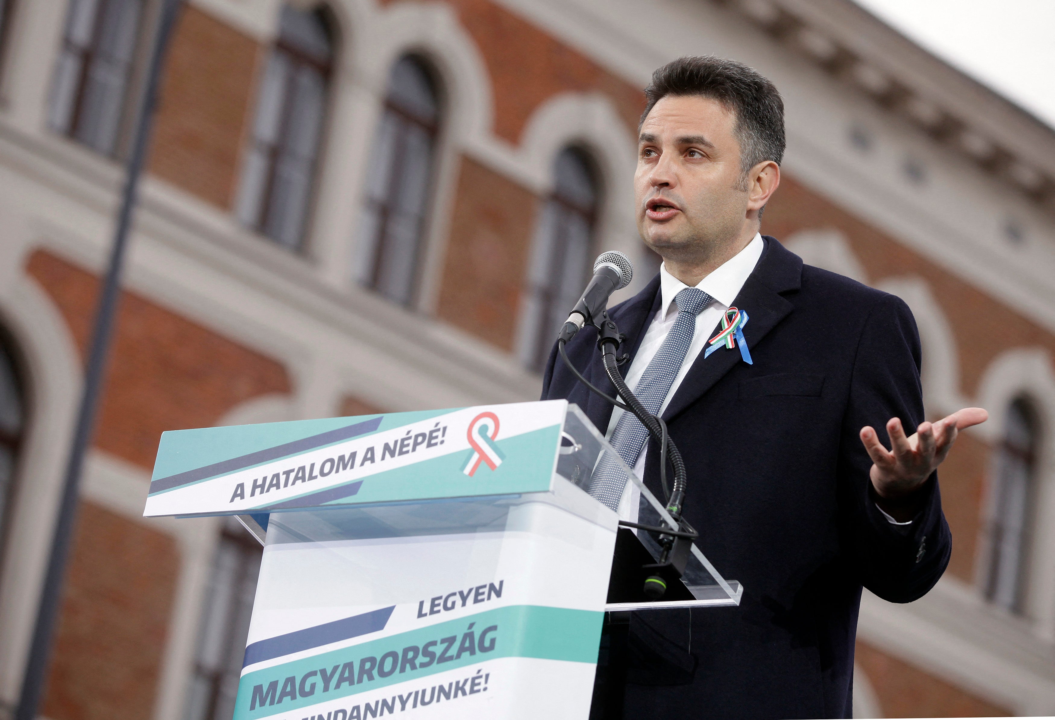 Mr Marki-Zay speaks at an event to commemorate Hungary’s Revolution and Independence Day in Budapest, 15 March 2022