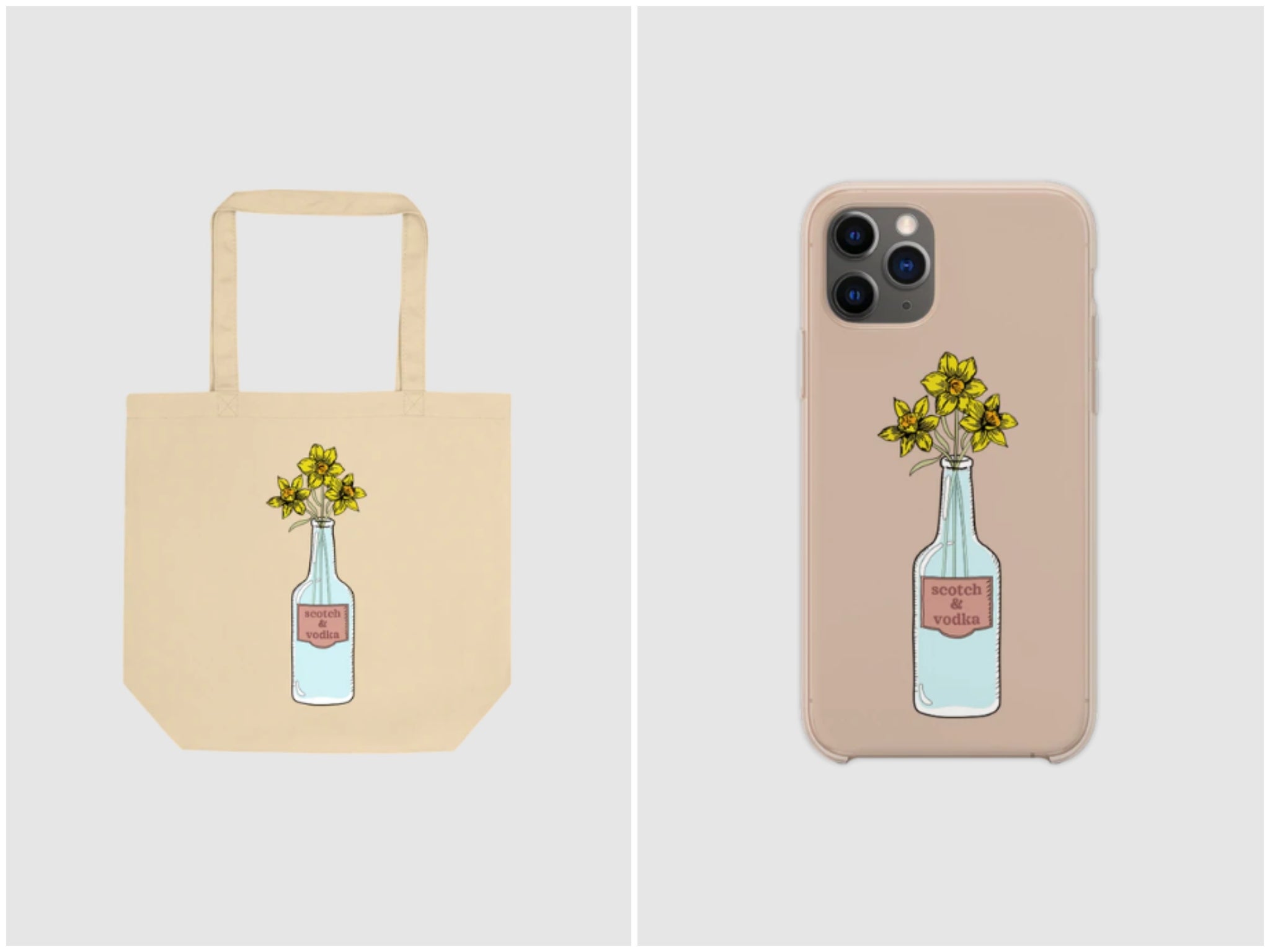 Merchandise includes a tote bag and phone cases