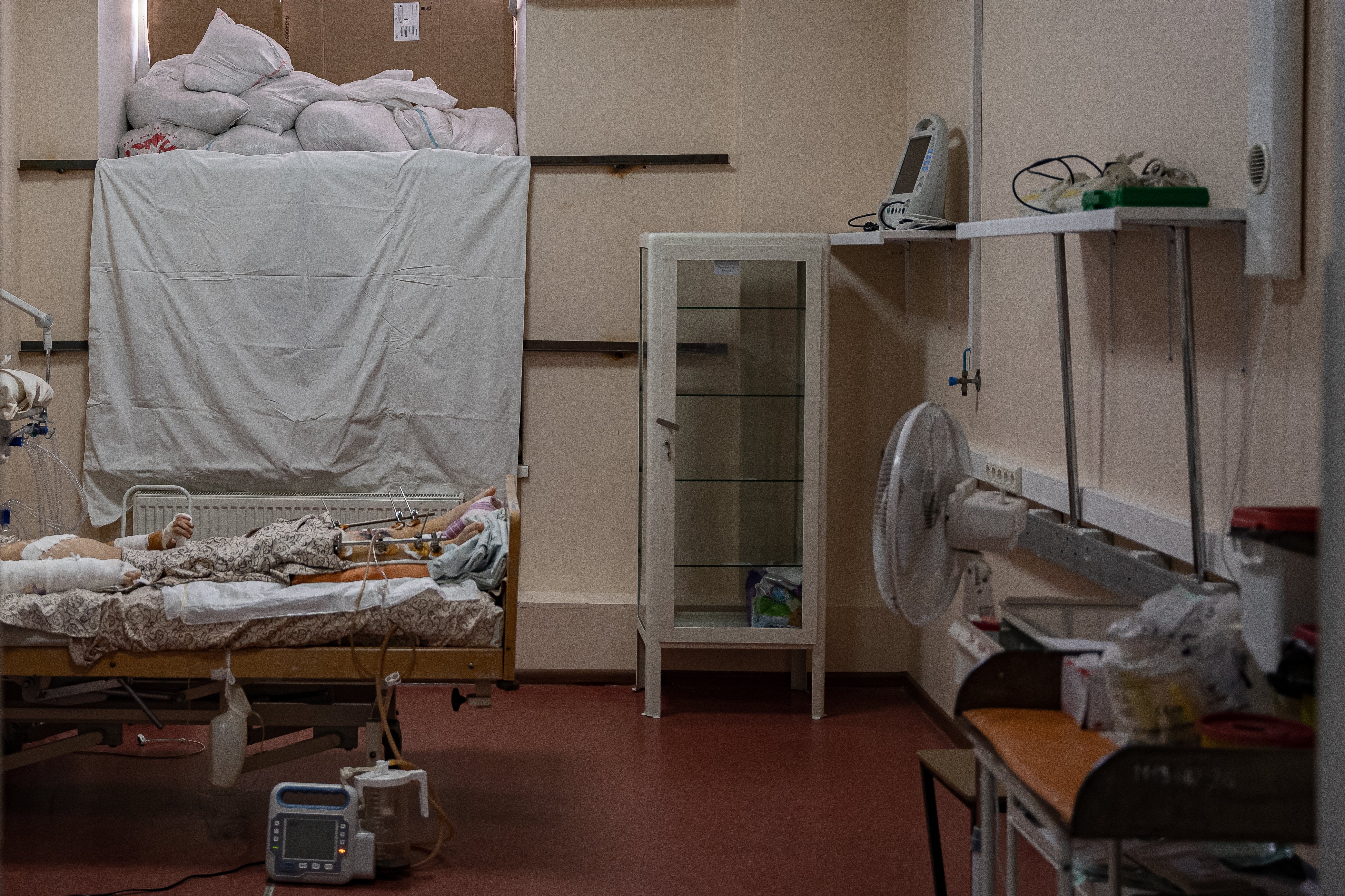 Sandbags block up the windows of Zaporizhzhia children’s hospital, which is treating the wounded from places such as Mariupol