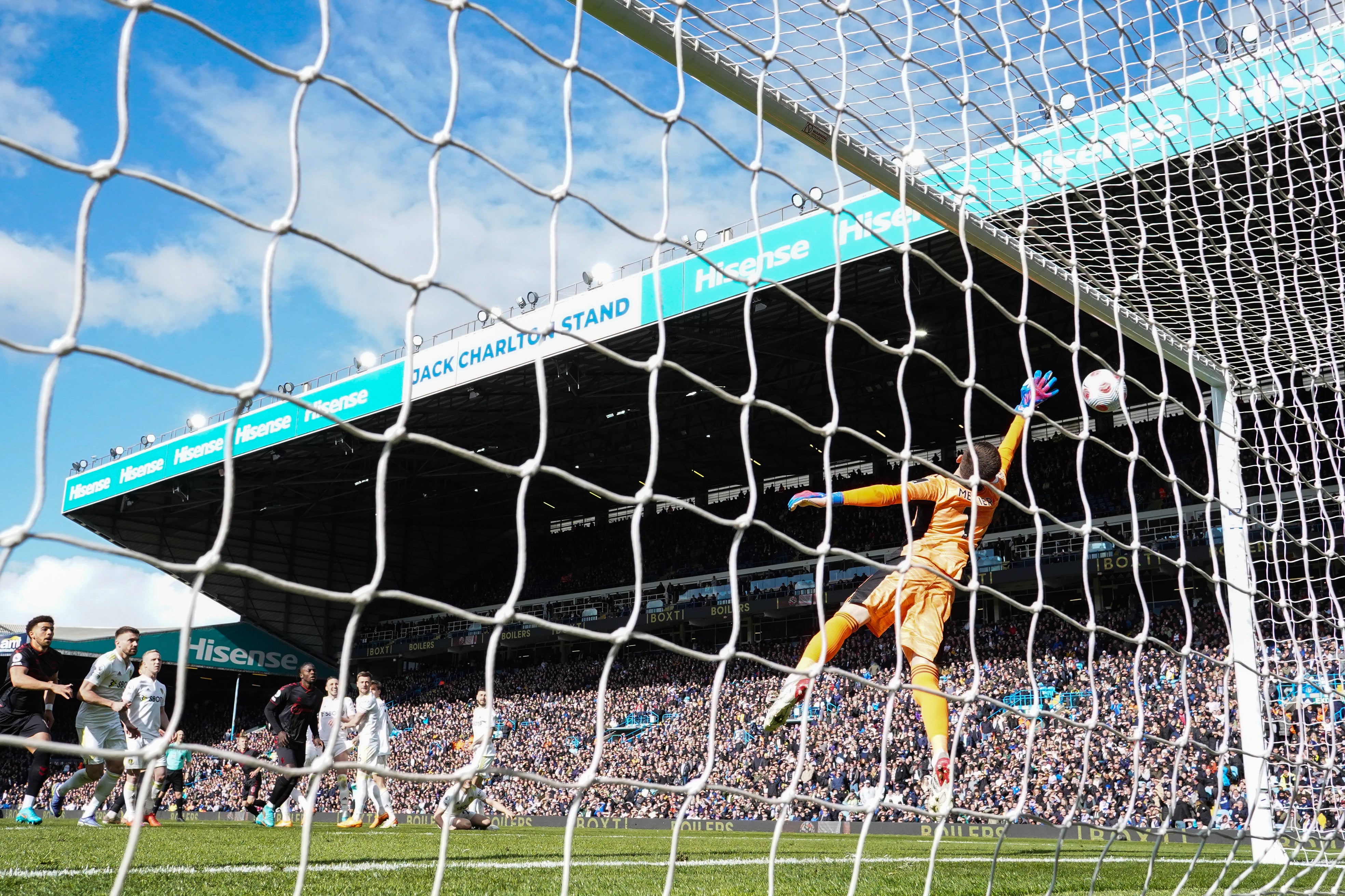 James Ward-Prowse ‘s freekick beats Leeds keeper Illan Meslier (right) to fire Southampton level in a 1-1 draw at Elland Road (Tim Goode/PA Images).