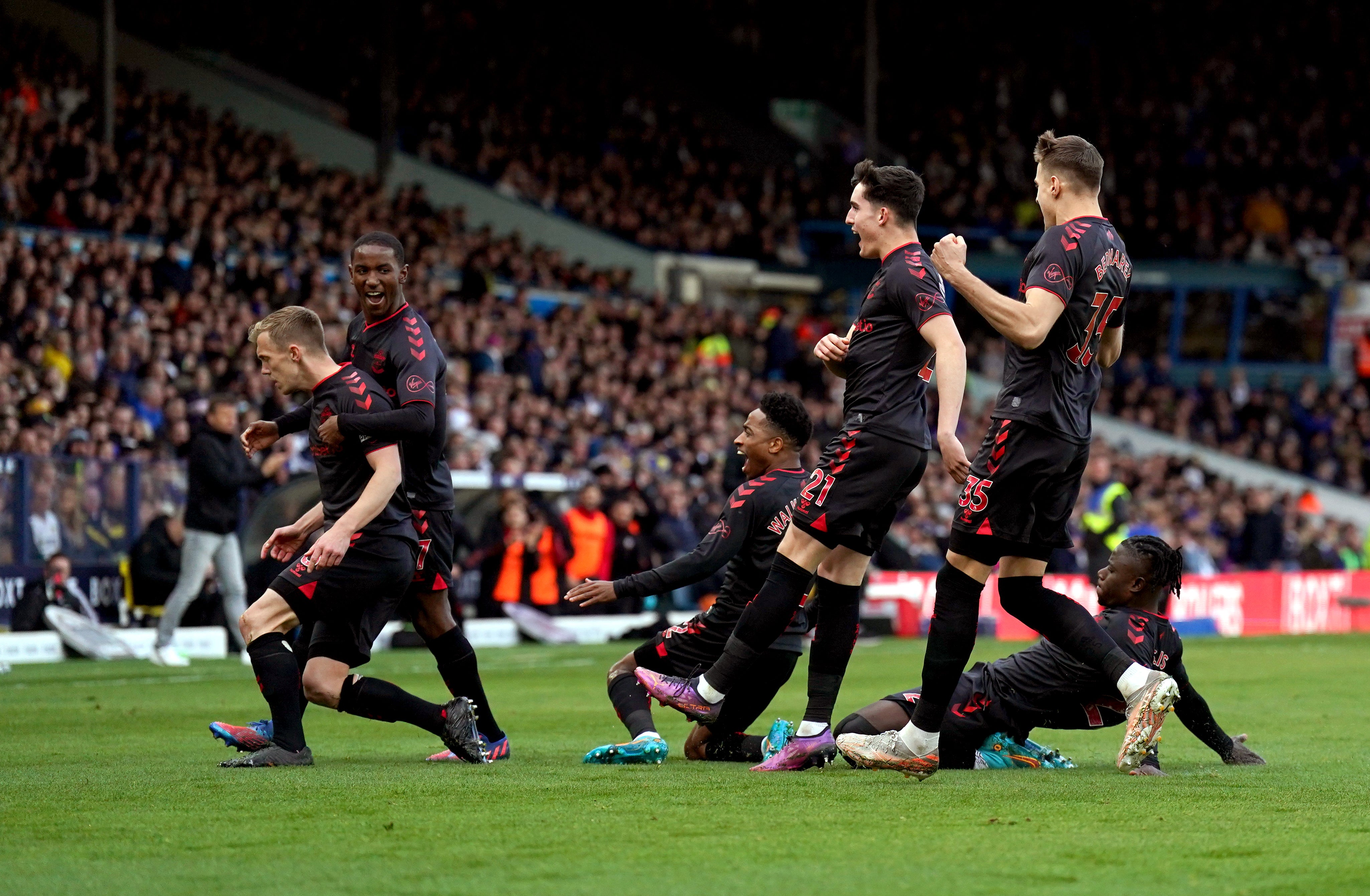 Southampton’s James Ward-Prowse (left) celebrates his free-kick equaliser in the 1-1 draw at Leeds (Tim Goode/PA Images).