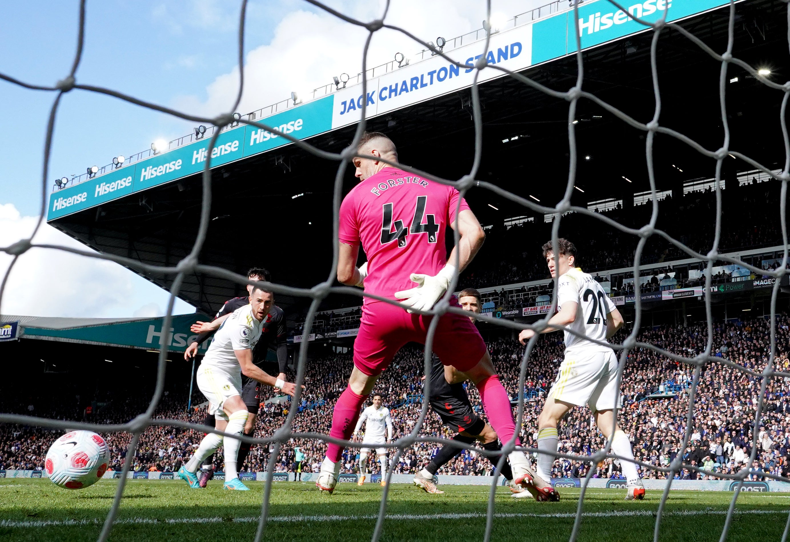 Jack Harrison (left) fires Leeds ahead in the 1-1 draw with Southampton (Tim Goode/PA Images).