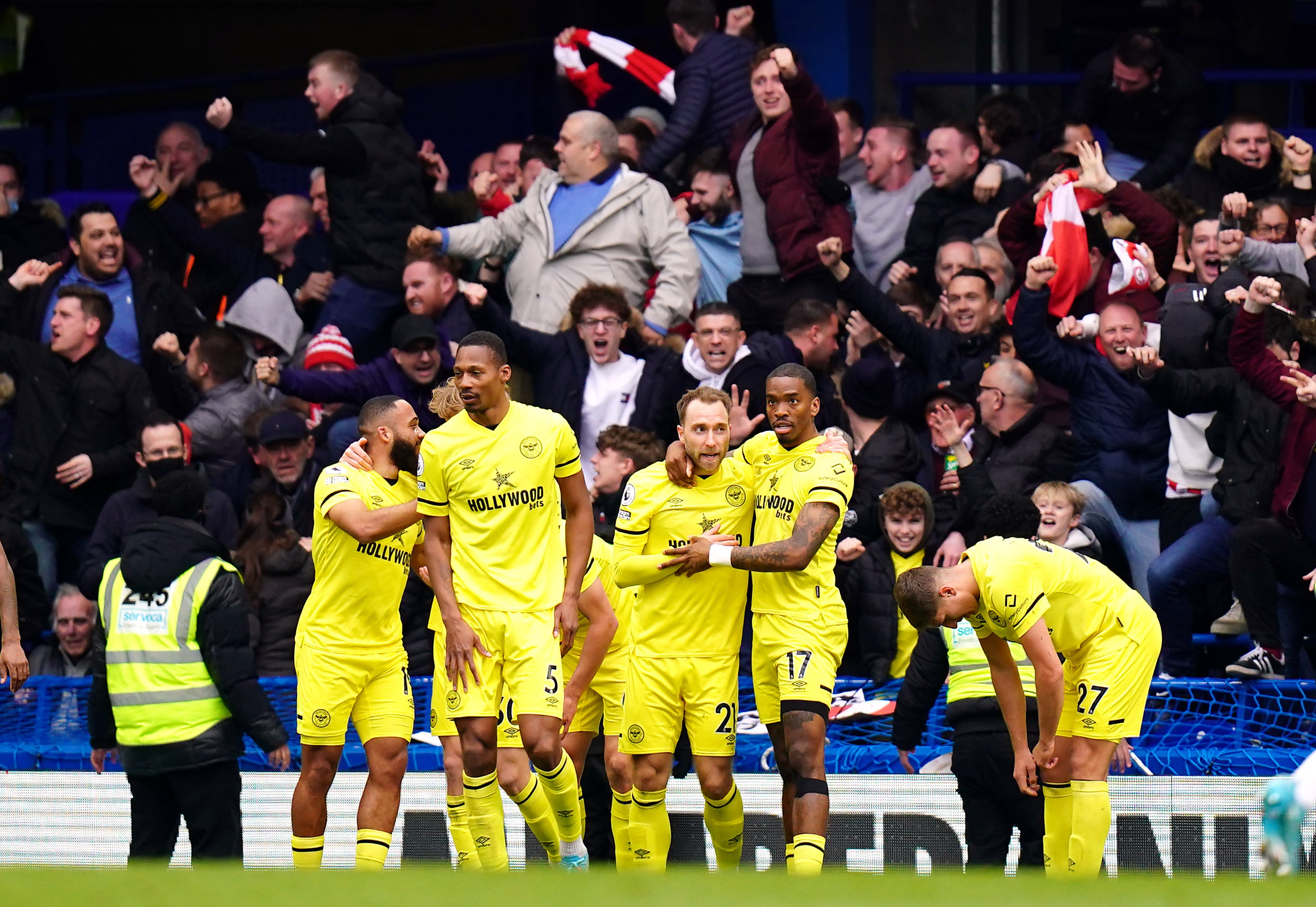 Christian Eriksen celebrates scoring his first Brentford goal
