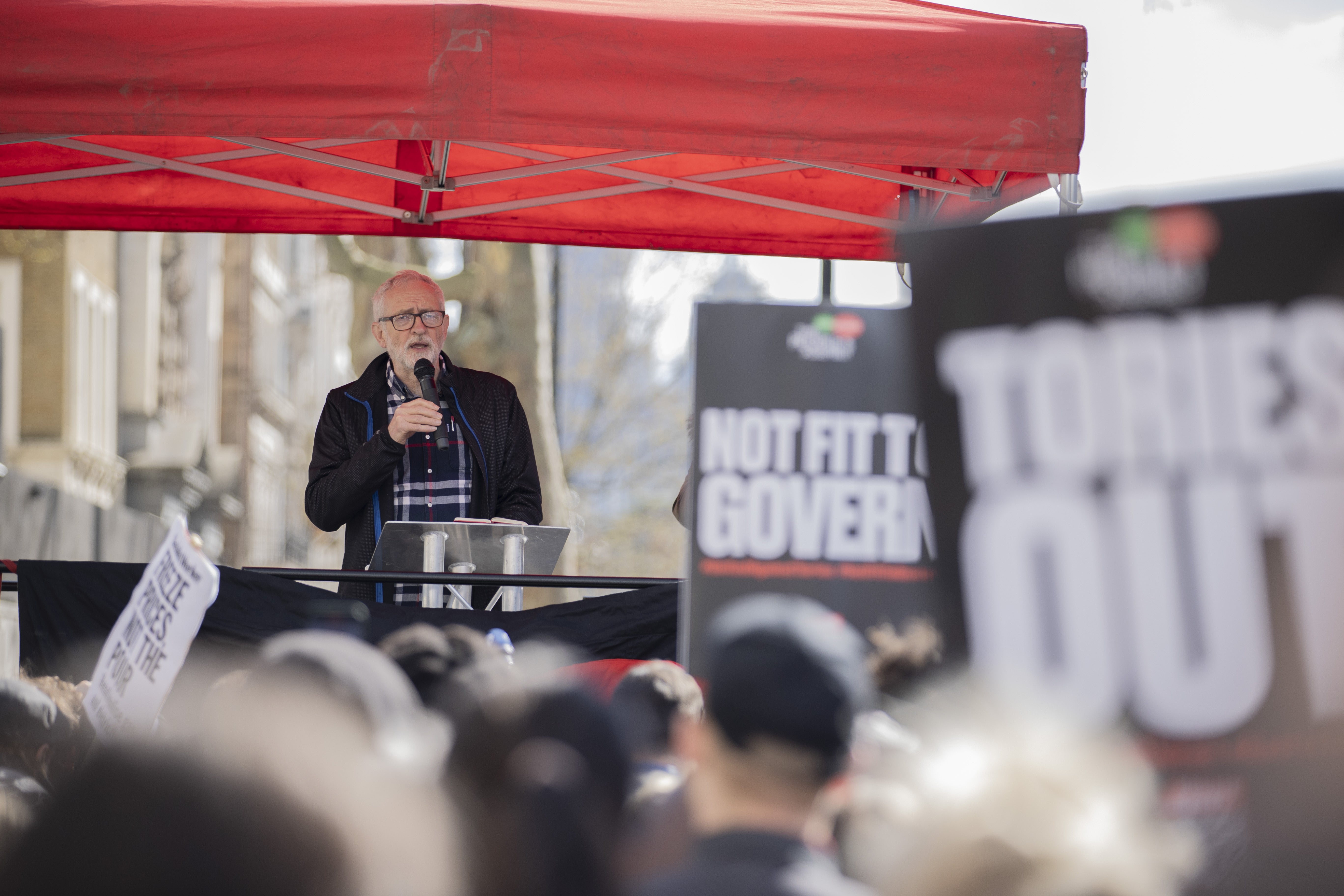 Former Labour leader Jeremy Corbyn addresses the crowd outside Downing Street