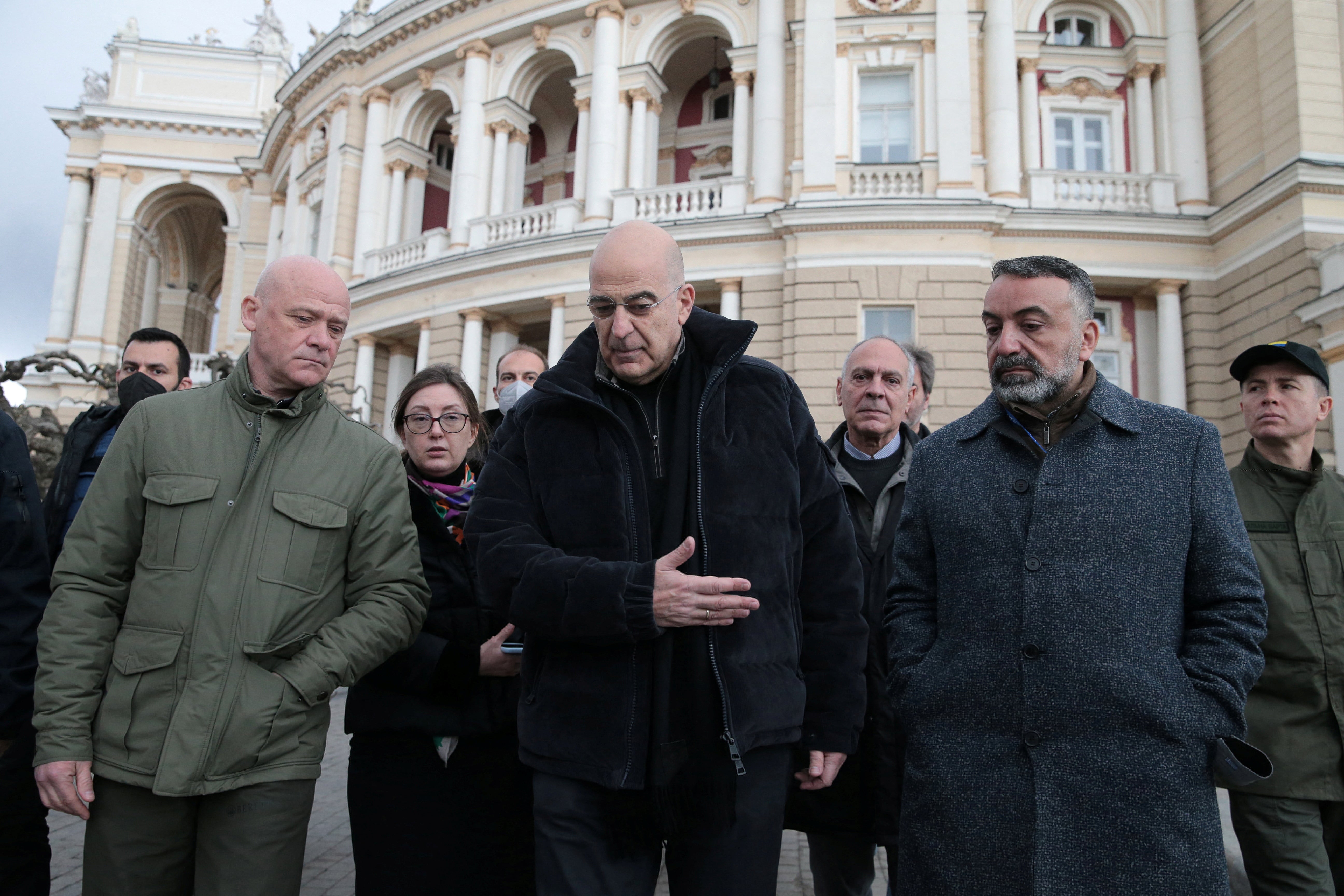 Greek foreign minister Nikos Dendias (centre) in Odesa with mayor Gennady Trukhanov (left)