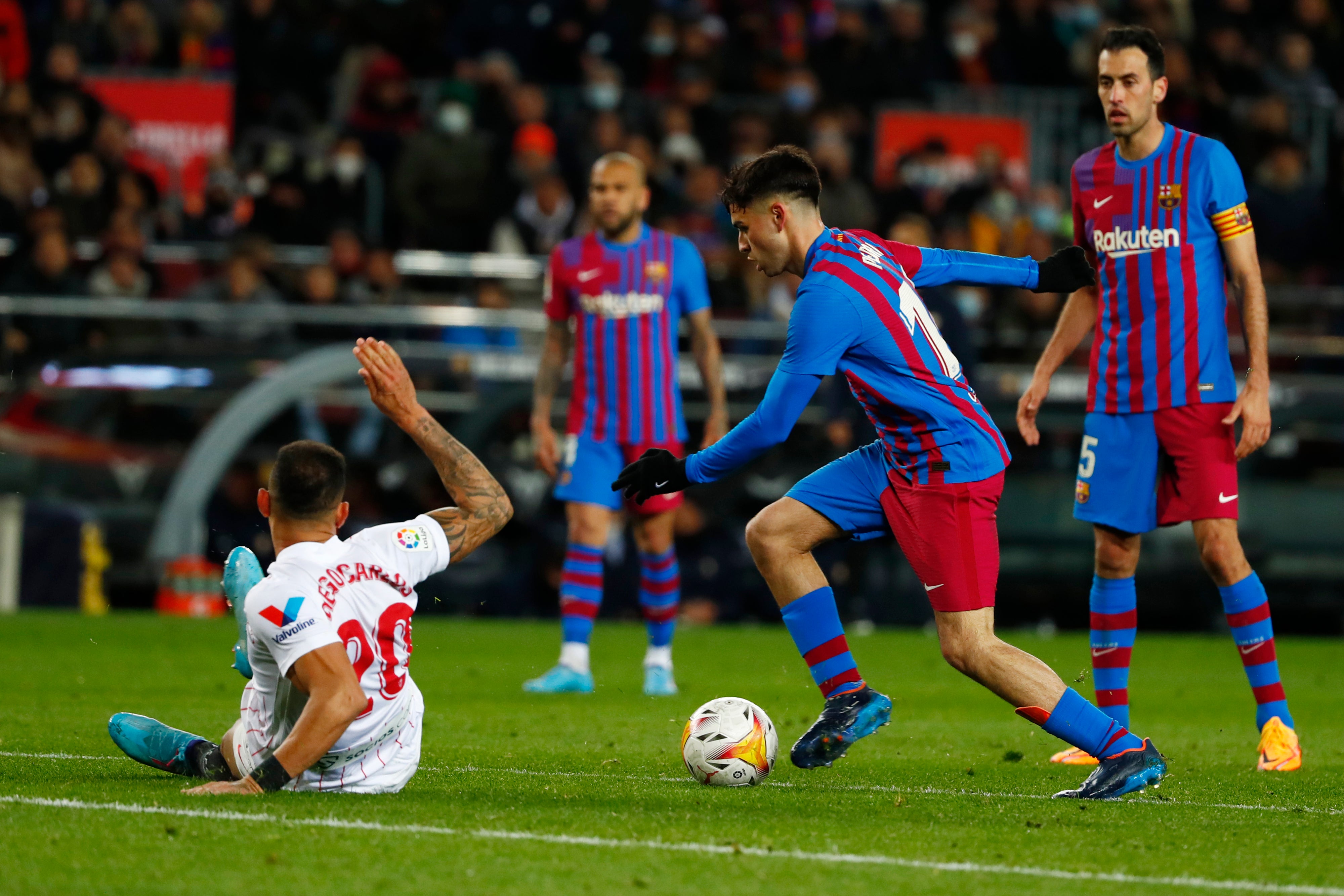 Pedri’s second-half strike helped Barcelona move up to second in La Liga (Joan Monfort/AP)