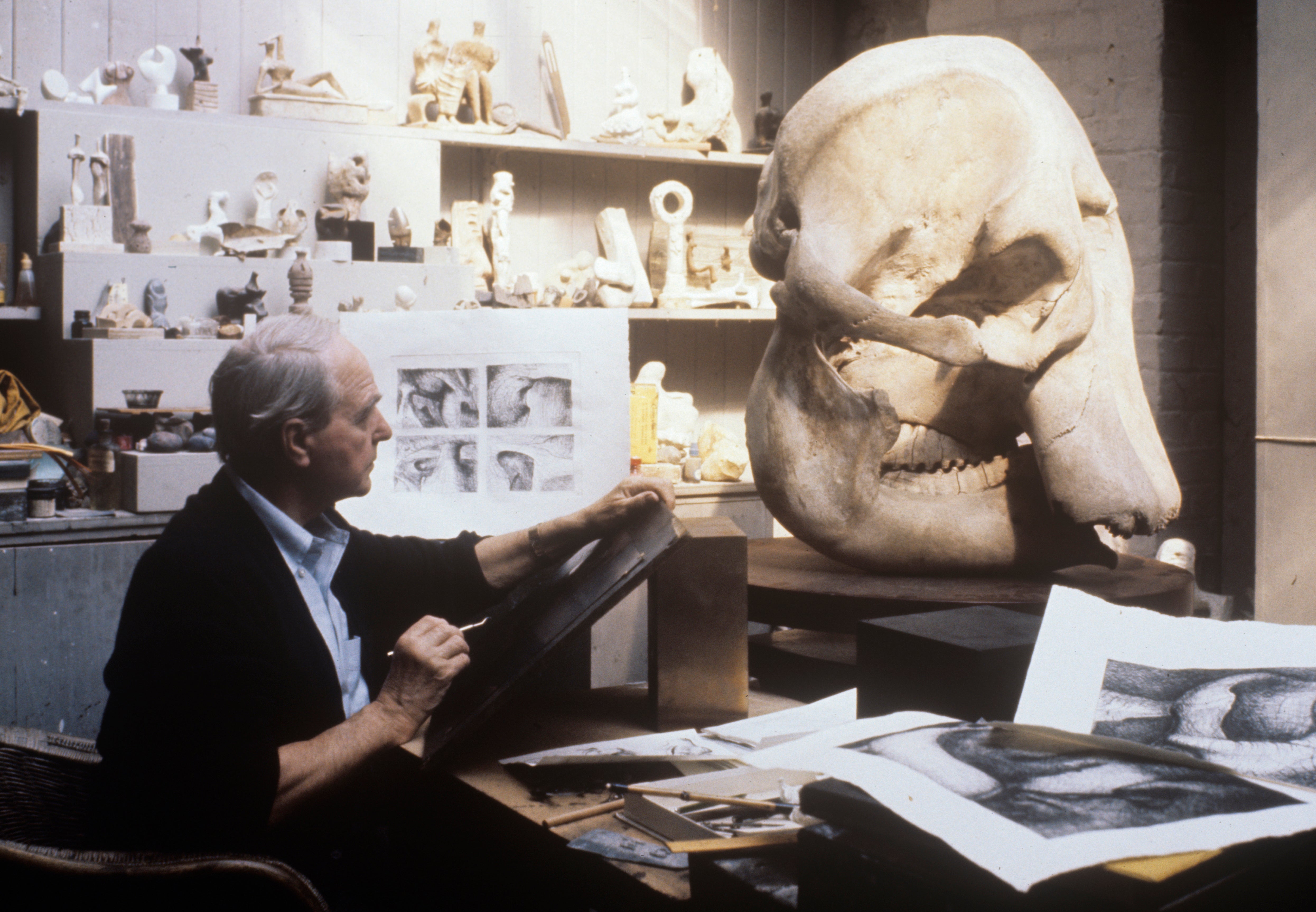 Moore working on an etching plate for the Elephant Skull album, circa 1970