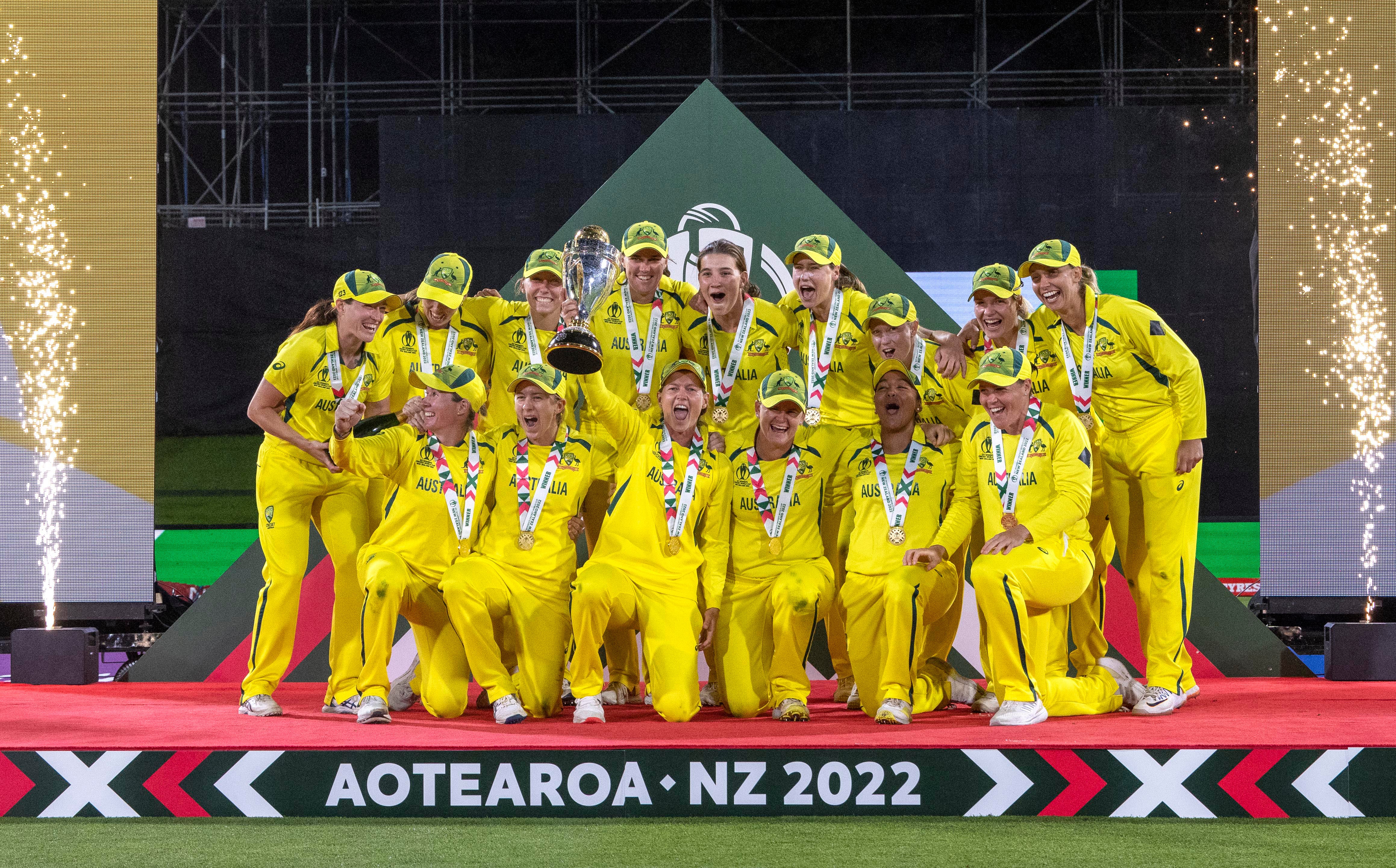 Australia celebrate their World Cup success (Martin Hunter/Photosport via AP)