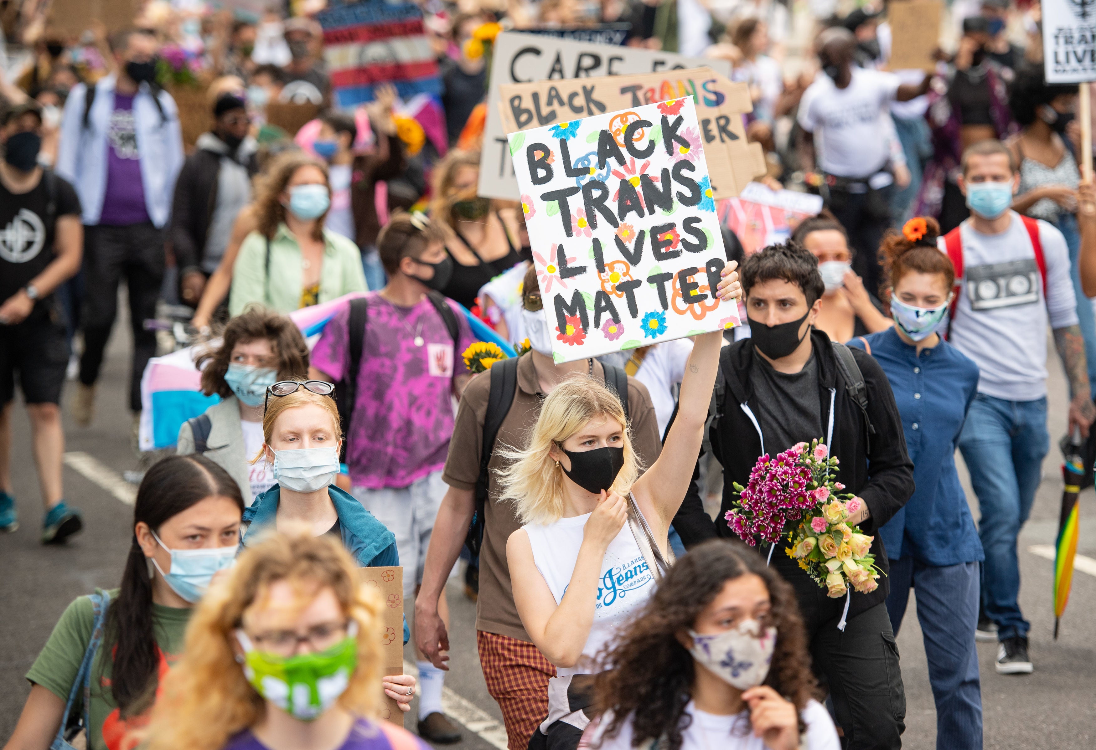 People take part at a Black Trans Lives Matter march from Hyde Park, London, in January 2020