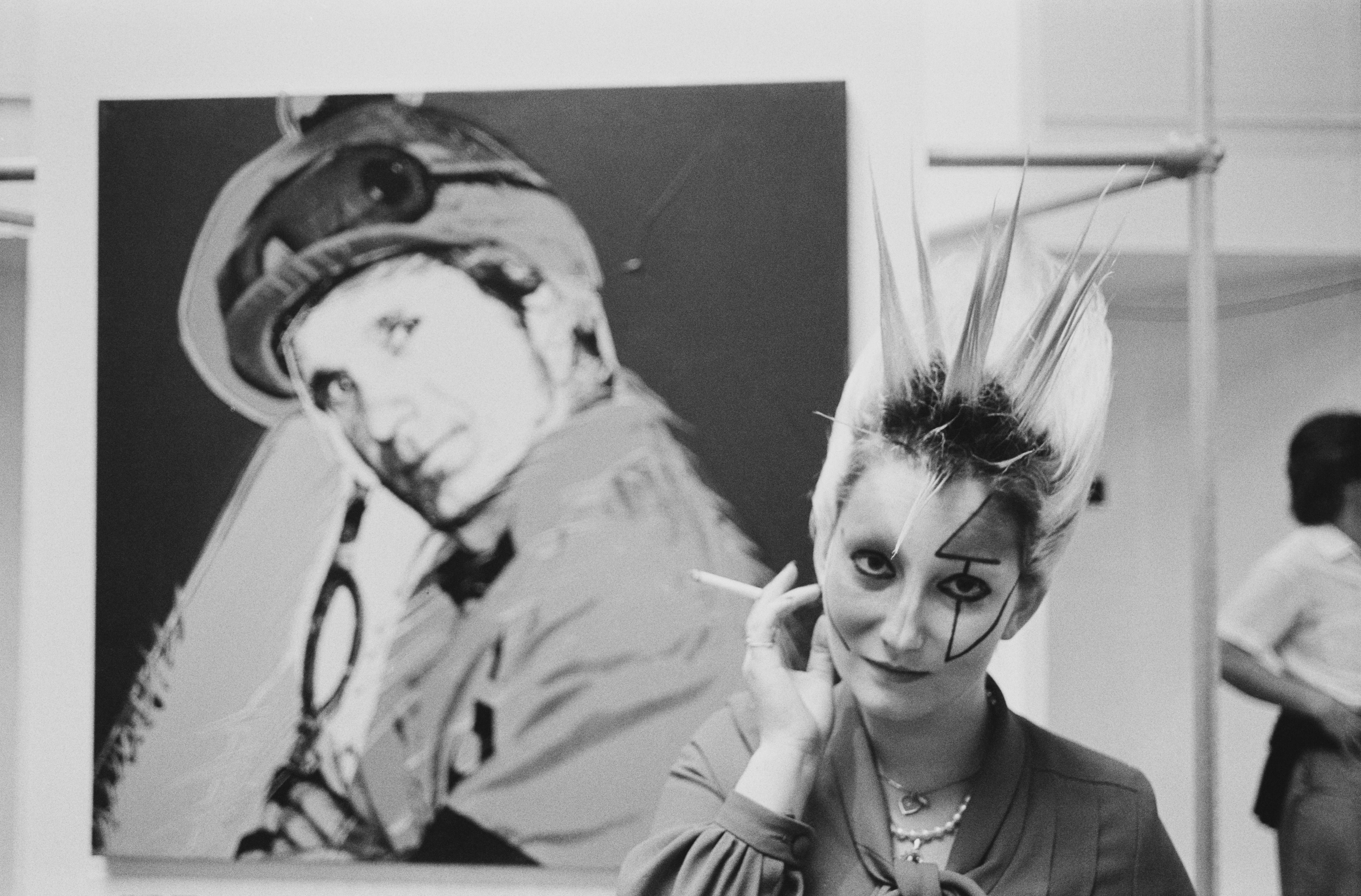 English model and actress Pamela Rooke, also known as Jordan, smoking a cigarette while attending an exhibition, UK, 23rd June 1978