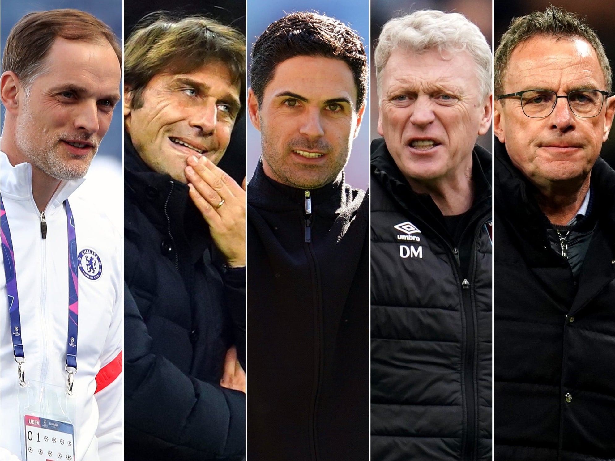 Thomas Tuchel, Antonio Conte, Mikel Arteta, David Moyes and Ralf Rangnick are chasing Champions League qualification