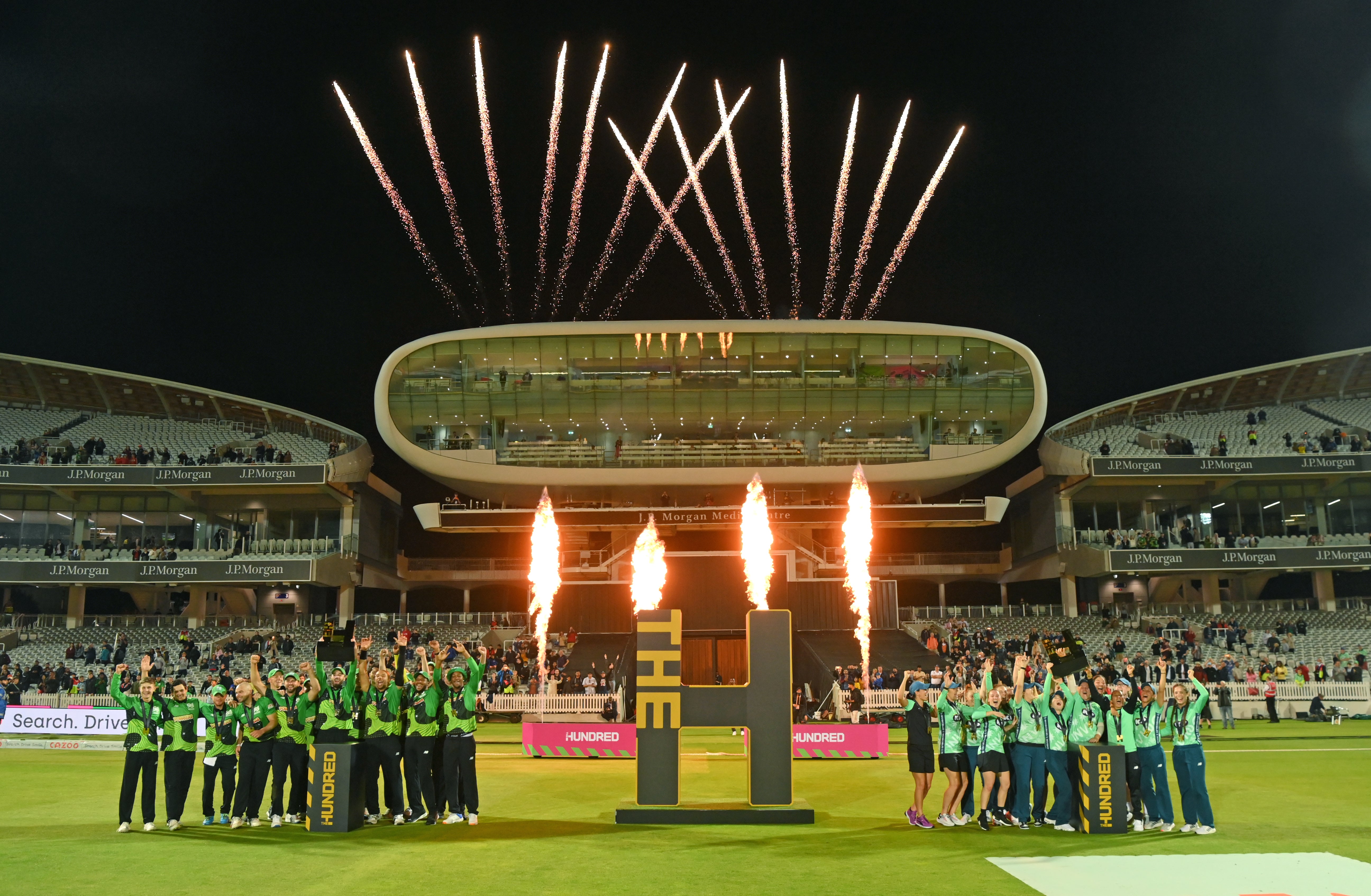 The Southern Brave and the Oval Invincibles parade their trophies at Lord’s