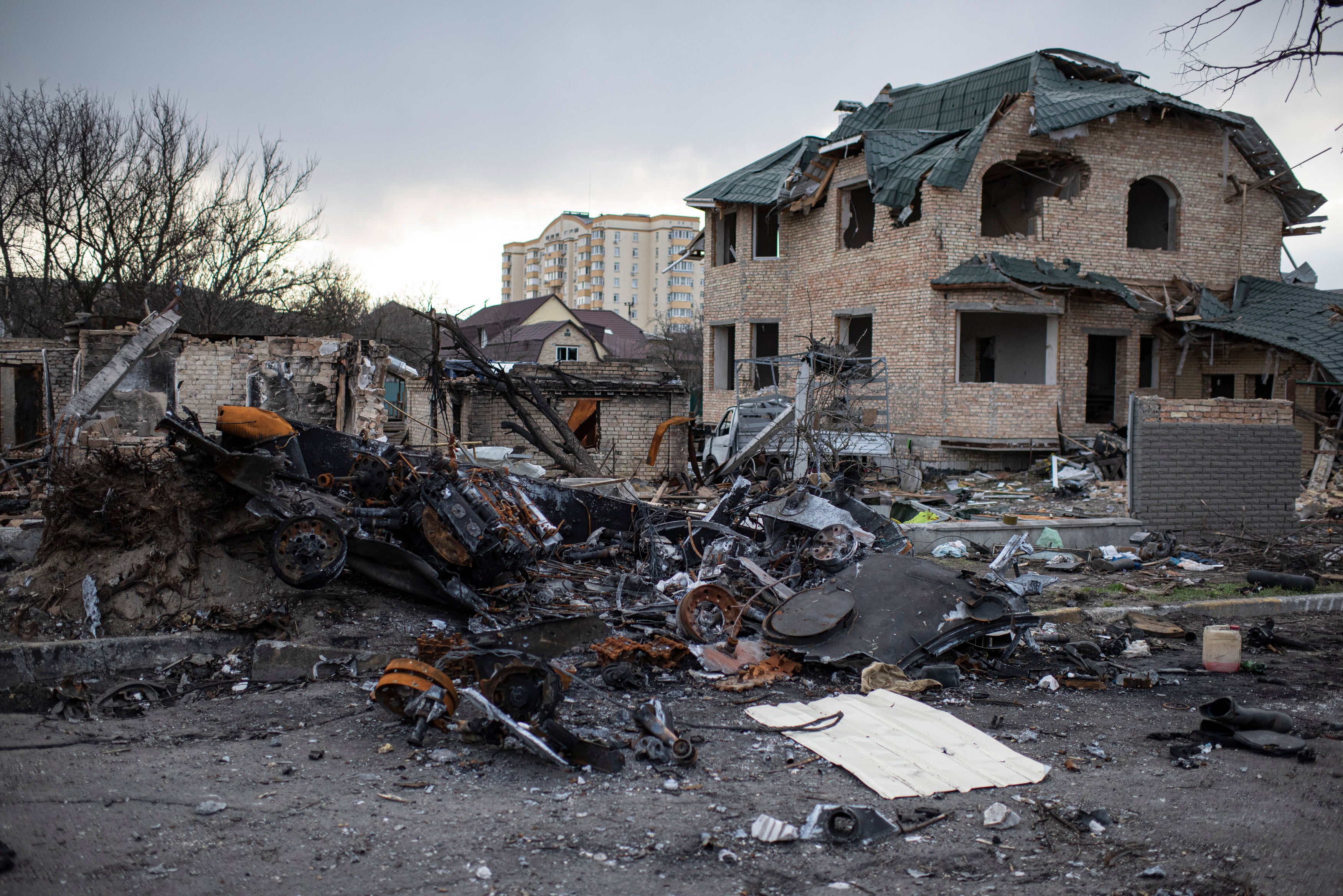 Destroyed Russian military vehicles are seen on the street on April 4, 2022 in Bucha, Ukraine