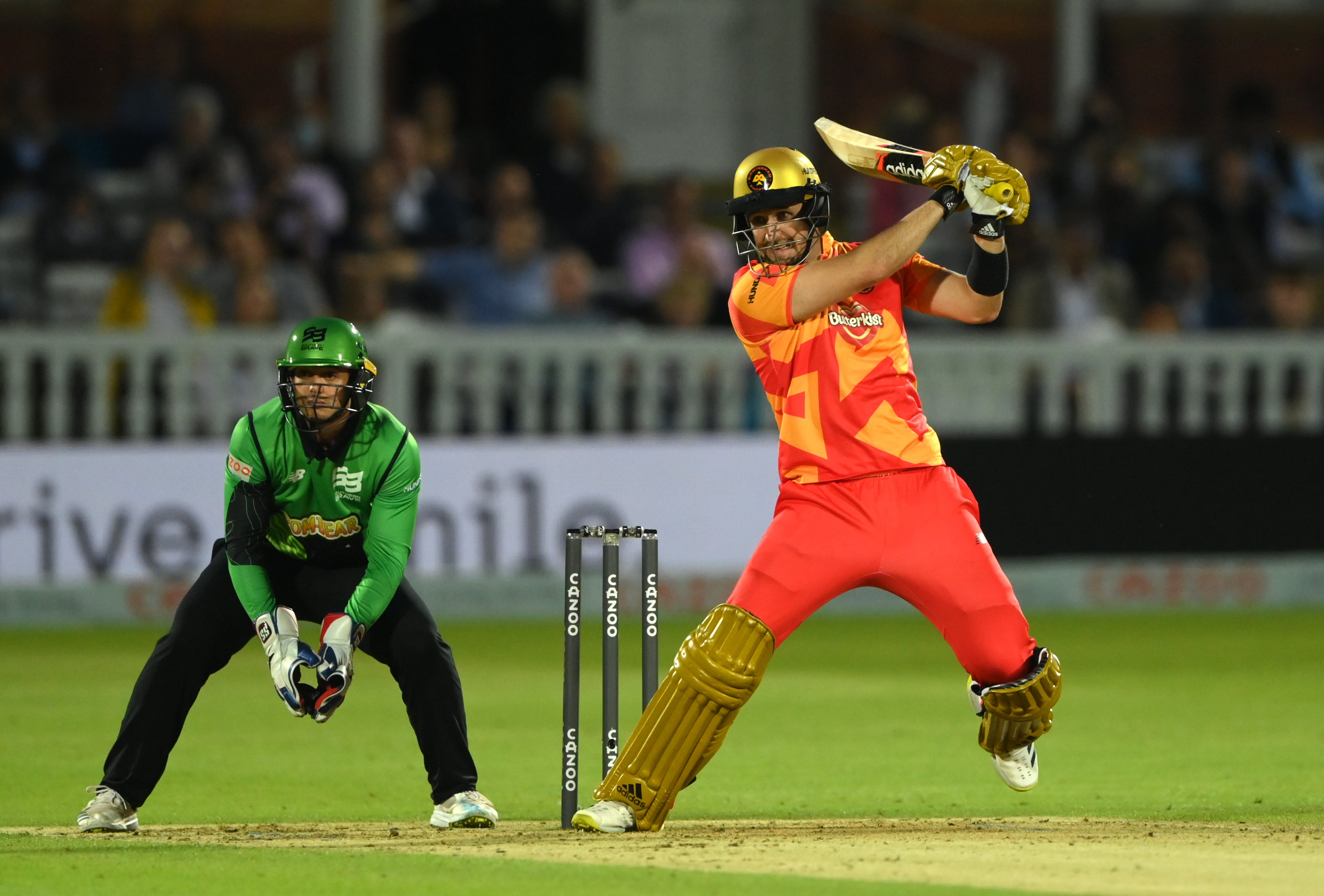 Phoenix batter Liam Livingstone plays a shot in The Hundred Final