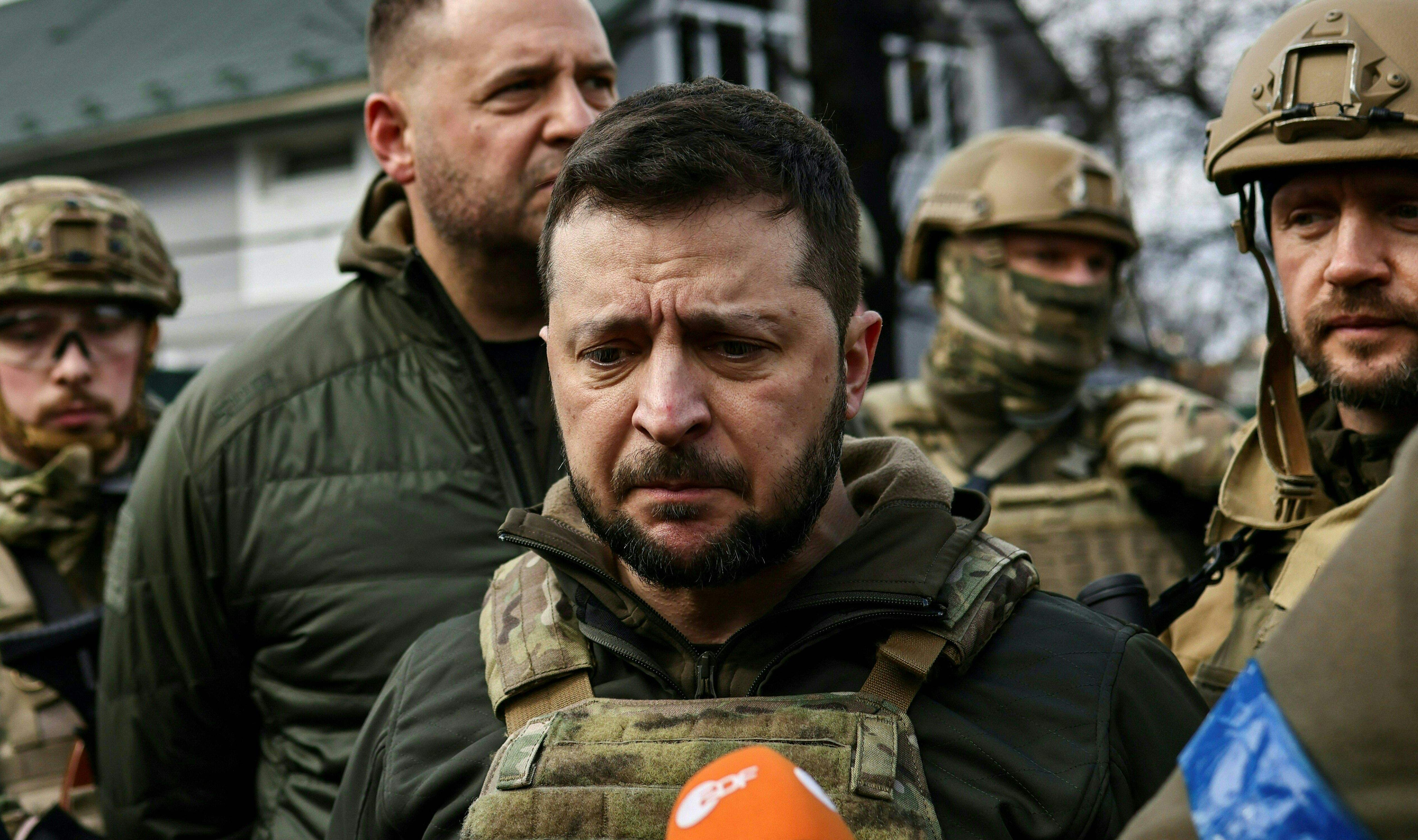 Ukrainian president Volodymyr Zelensky speaks in Bucha, where over 300 Ukrainian citizens were killed by Russian soldiers