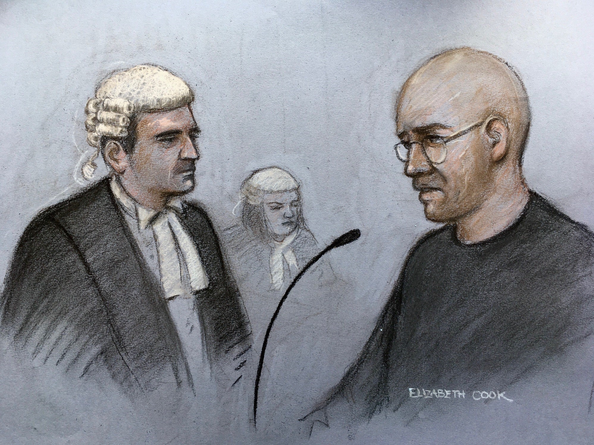 Court artist sketch of John Cole being questioned at Cardiff Crown Court (Elizabeth Cook/PA)