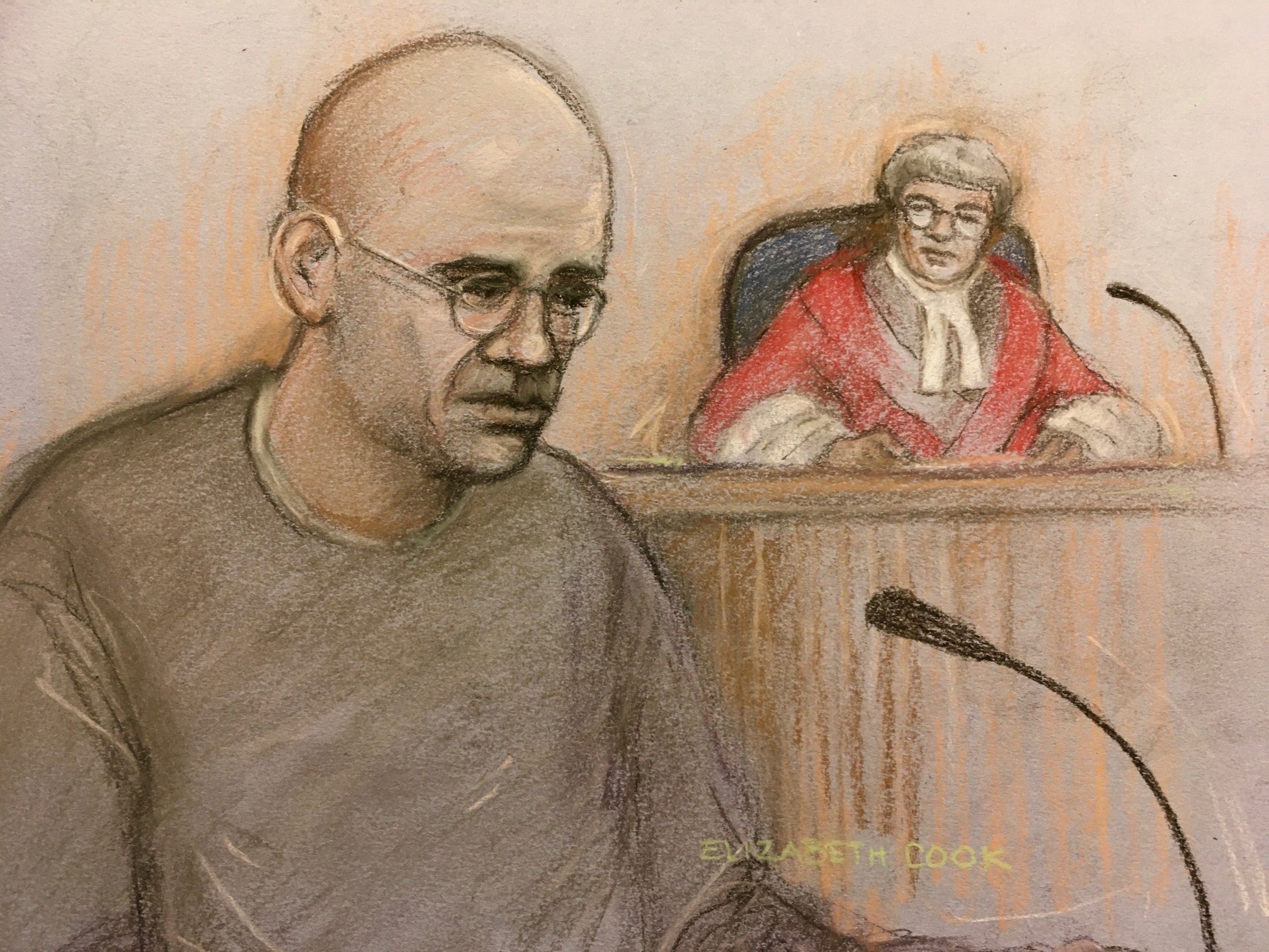 Court artist sketch of John Cole, 40, giving evidence at Cardiff Crown Court where he jointly stands accused of murdering five-year-old Logan Mwangi