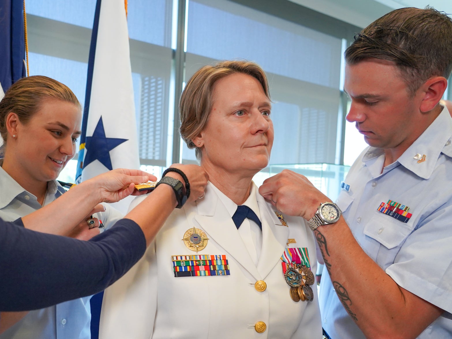 Admiral Linda Fagan is promoted at a ceremony at Coast Guard headquarters on 18 June, 2021