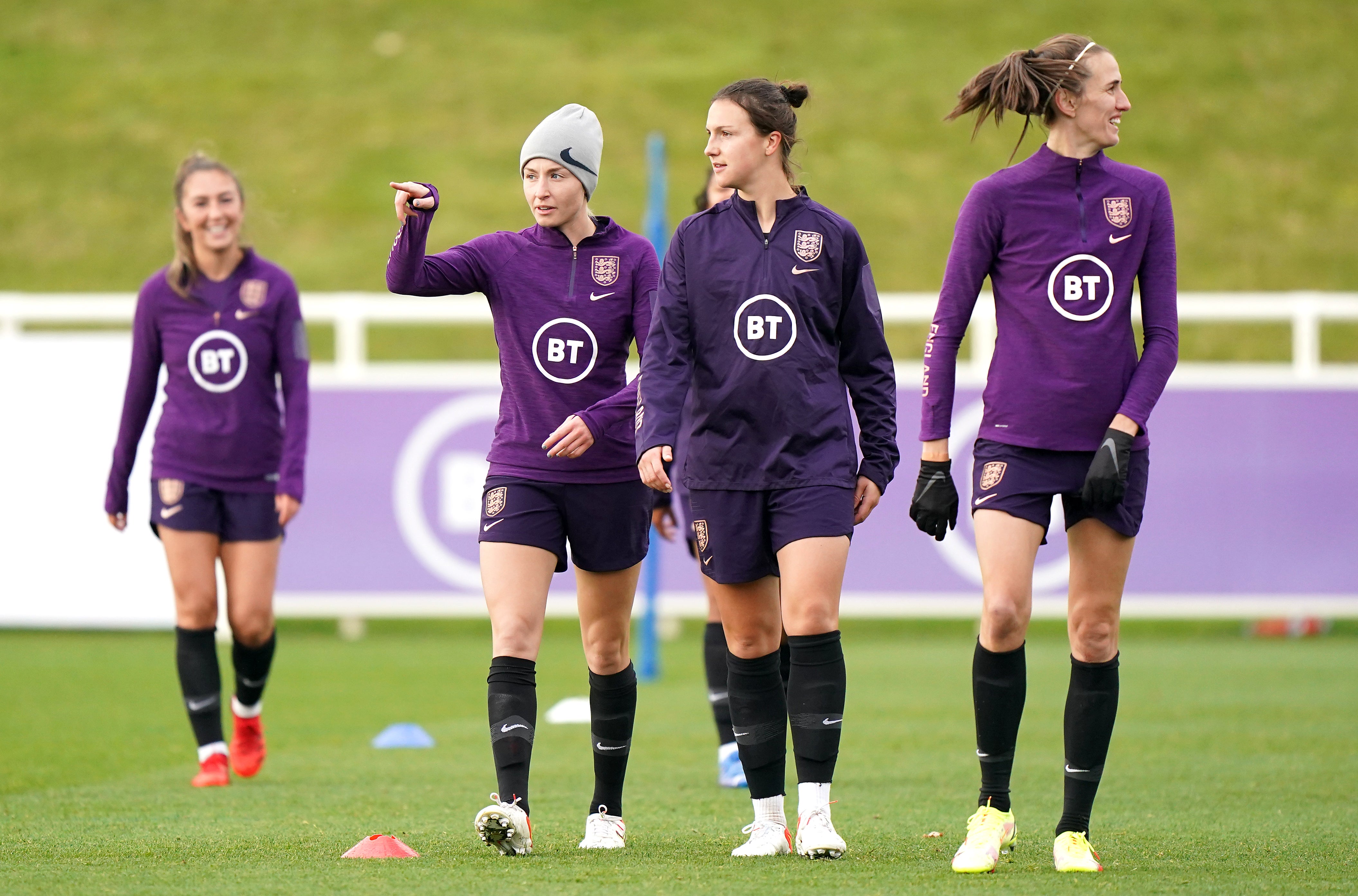 Lotte Wubben-Moy, second from right, plays with Leah Williamson, third from right, for club and country (Tim Goode/PA)