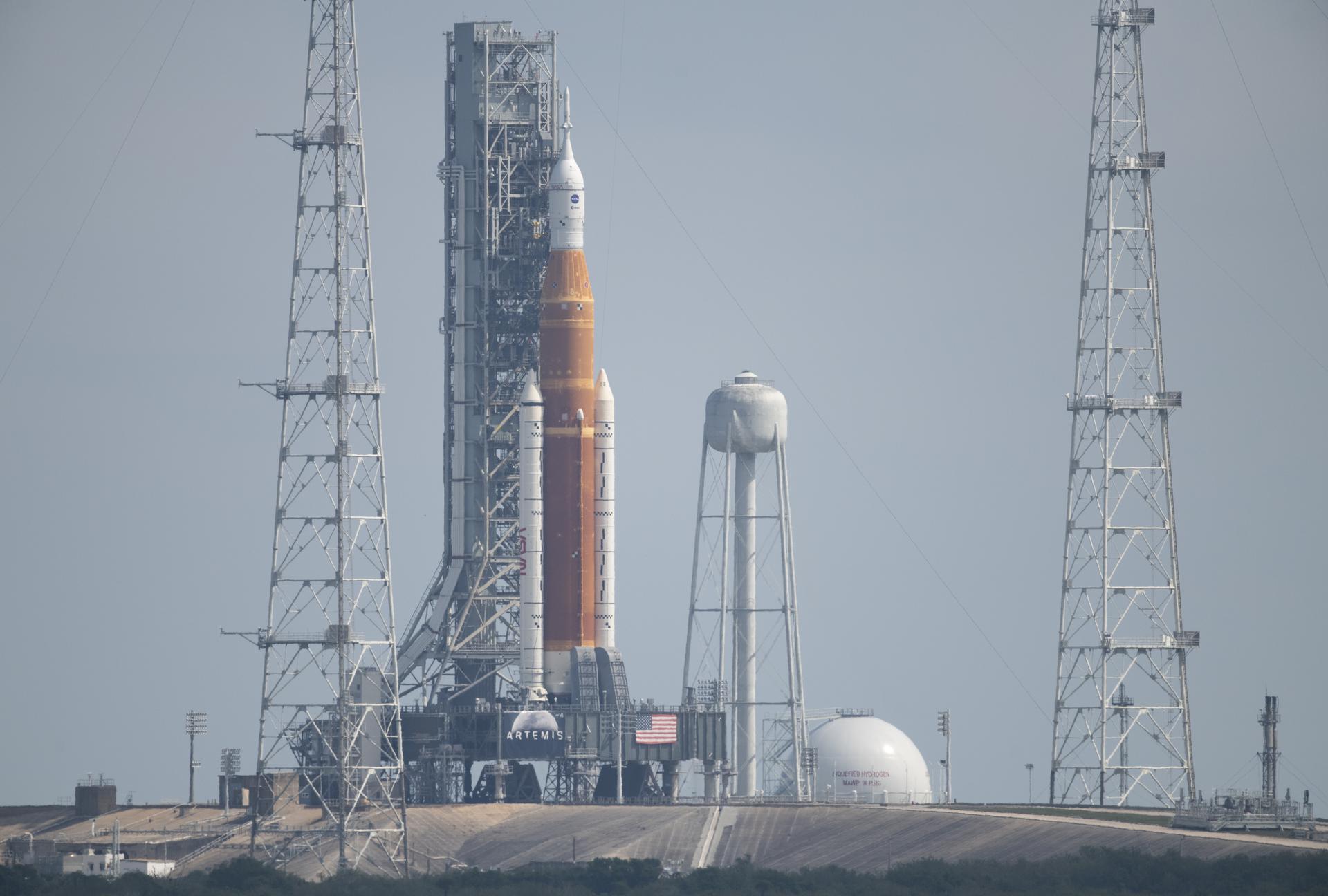 Nasa’s Space Launch System Moon rocket during a “wet dress” rehearsal for launch at Kennedy Space Center in Florida