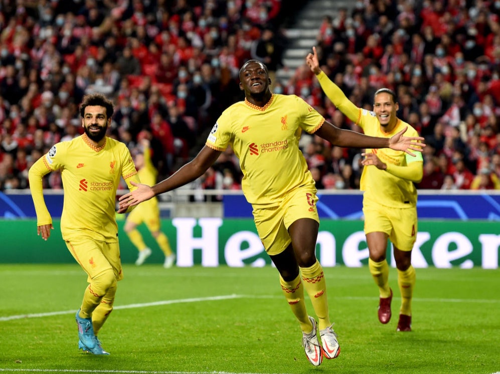 Ibrahima Konate celebrates scoring the opener